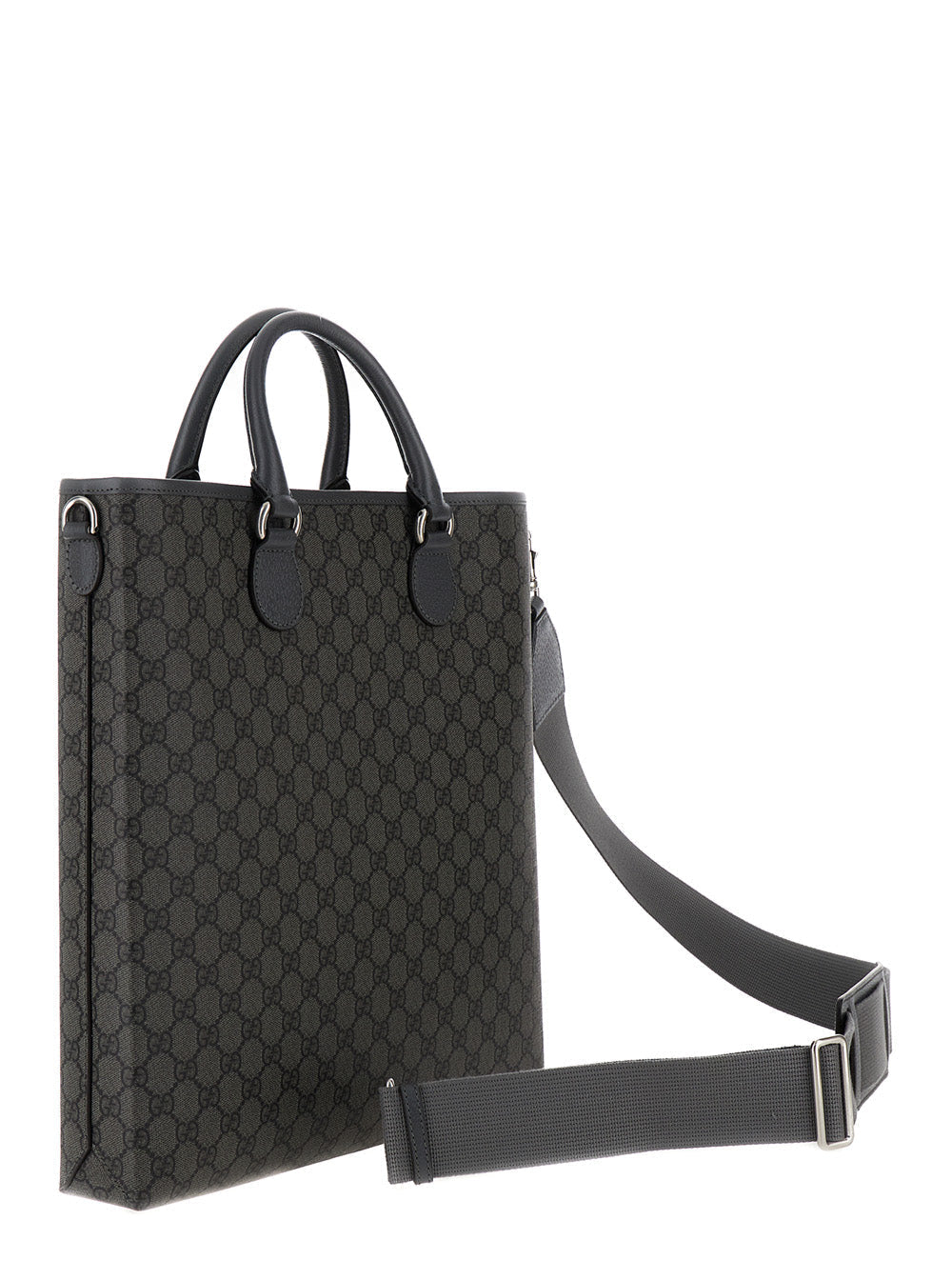 Gucci Men 'Ophidia Gg Media' Black And Grey Tote Bag In Gg Supreme Canvas Man