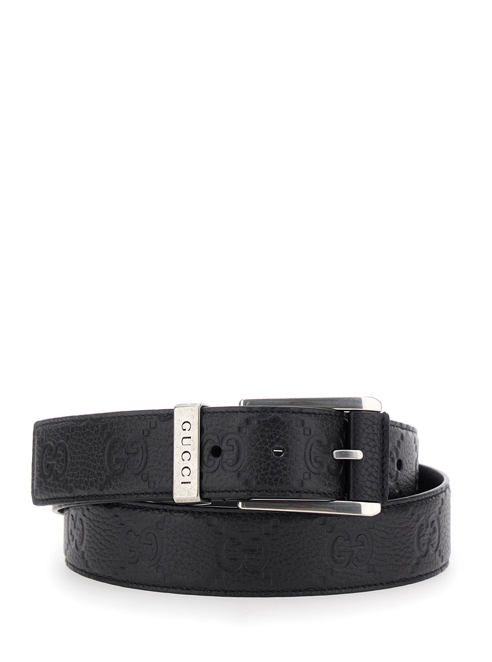 Gucci Men Black Belt With Square Buckle And All-Over Embossed Gg Logo In Grained Leather Man