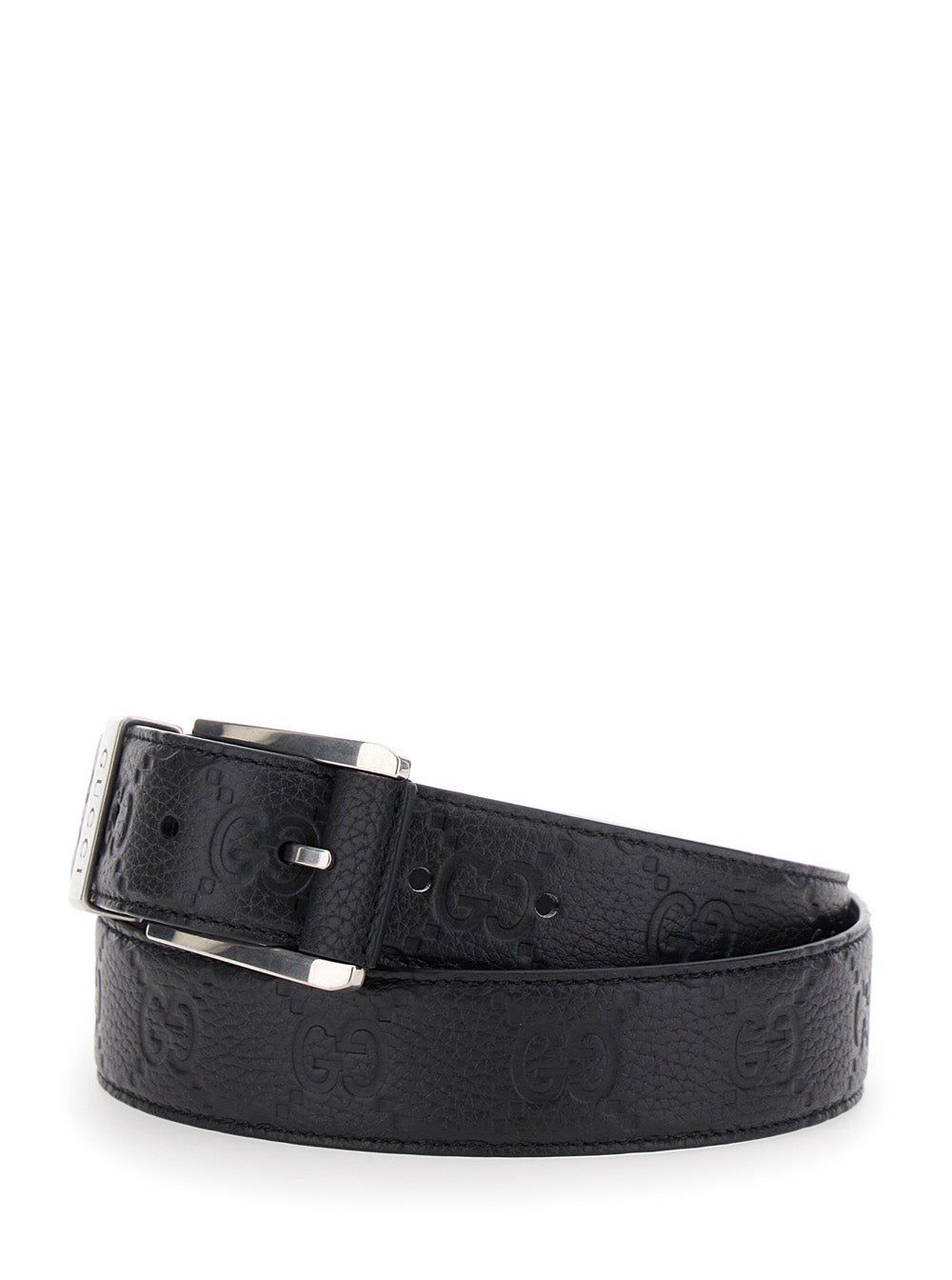 Gucci Men Black Belt With Square Buckle And All-Over Embossed Gg Logo In Grained Leather Man