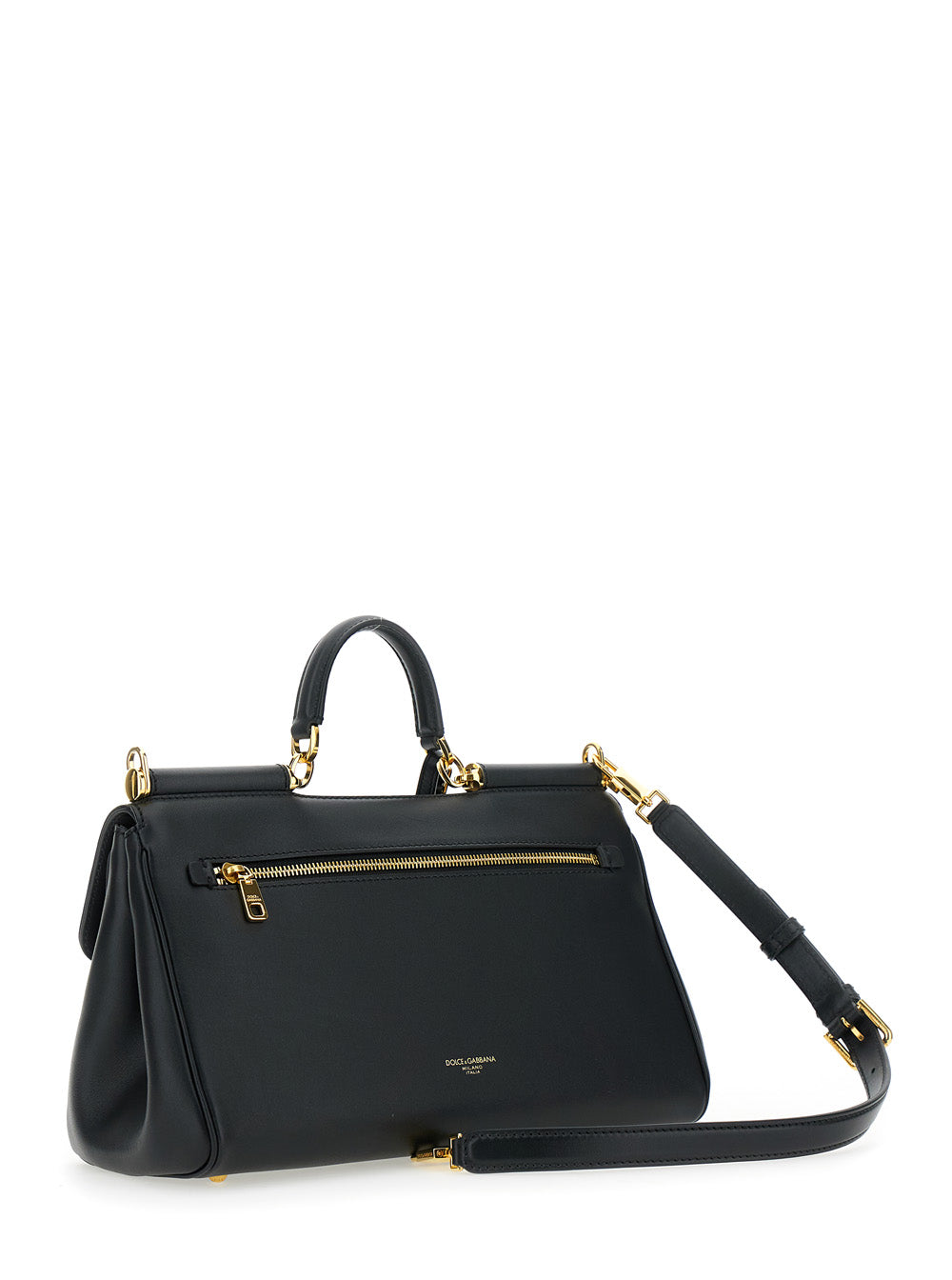 Dolce & Gabbana Women 'My Sicily' Black Medium Handbag With Lock Detail And Adjustable Removable Leather Shoulder Strap For Women