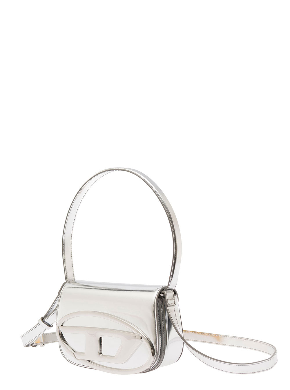 Diesel Women '1Dr' Silver Shoulder Bag With Oval D Patch In Laminated Leather For Women