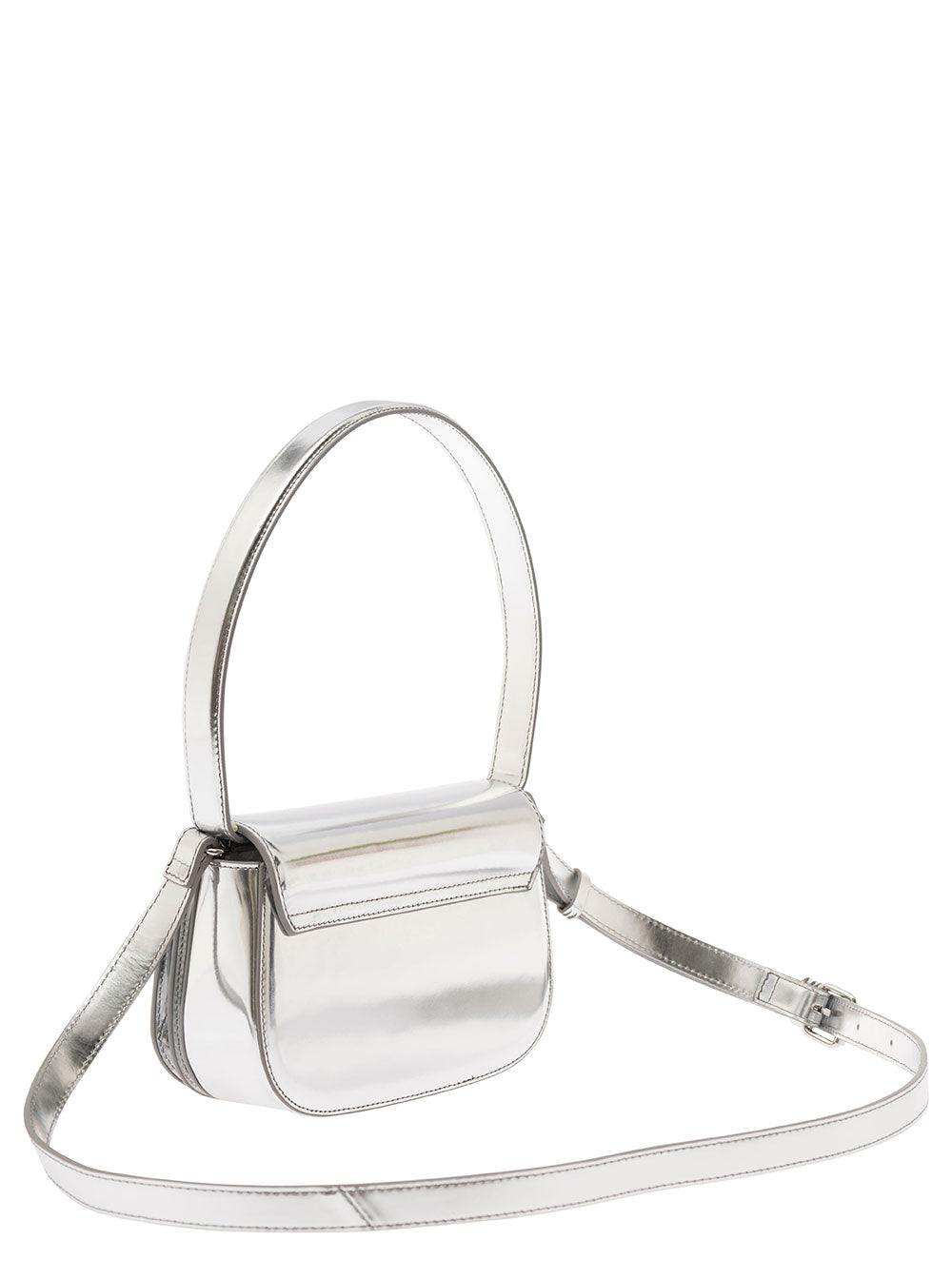Diesel Women '1Dr' Silver Shoulder Bag With Oval D Patch In Laminated Leather For Women
