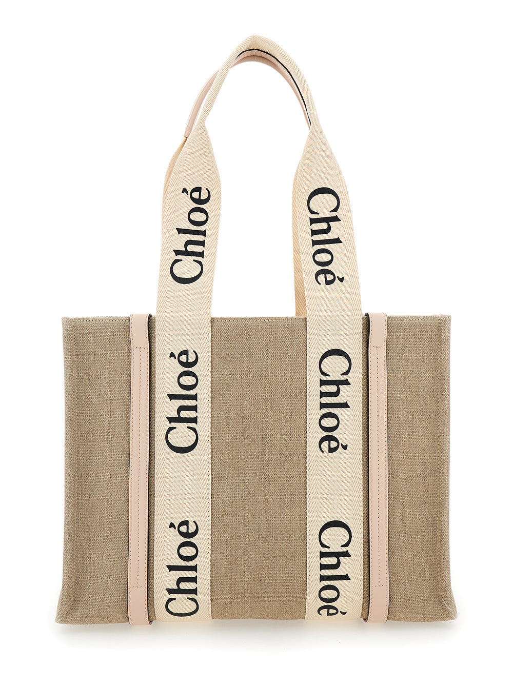 Chloé Women Handbag 'Medium Woody' With Logo In Linen Canvas Beige Woman