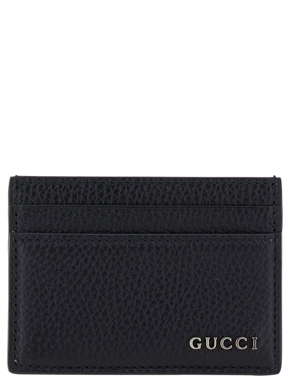 Gucci Men Black Card Holder With Logo Lettering Detail On The Front In Grained Leather For Men