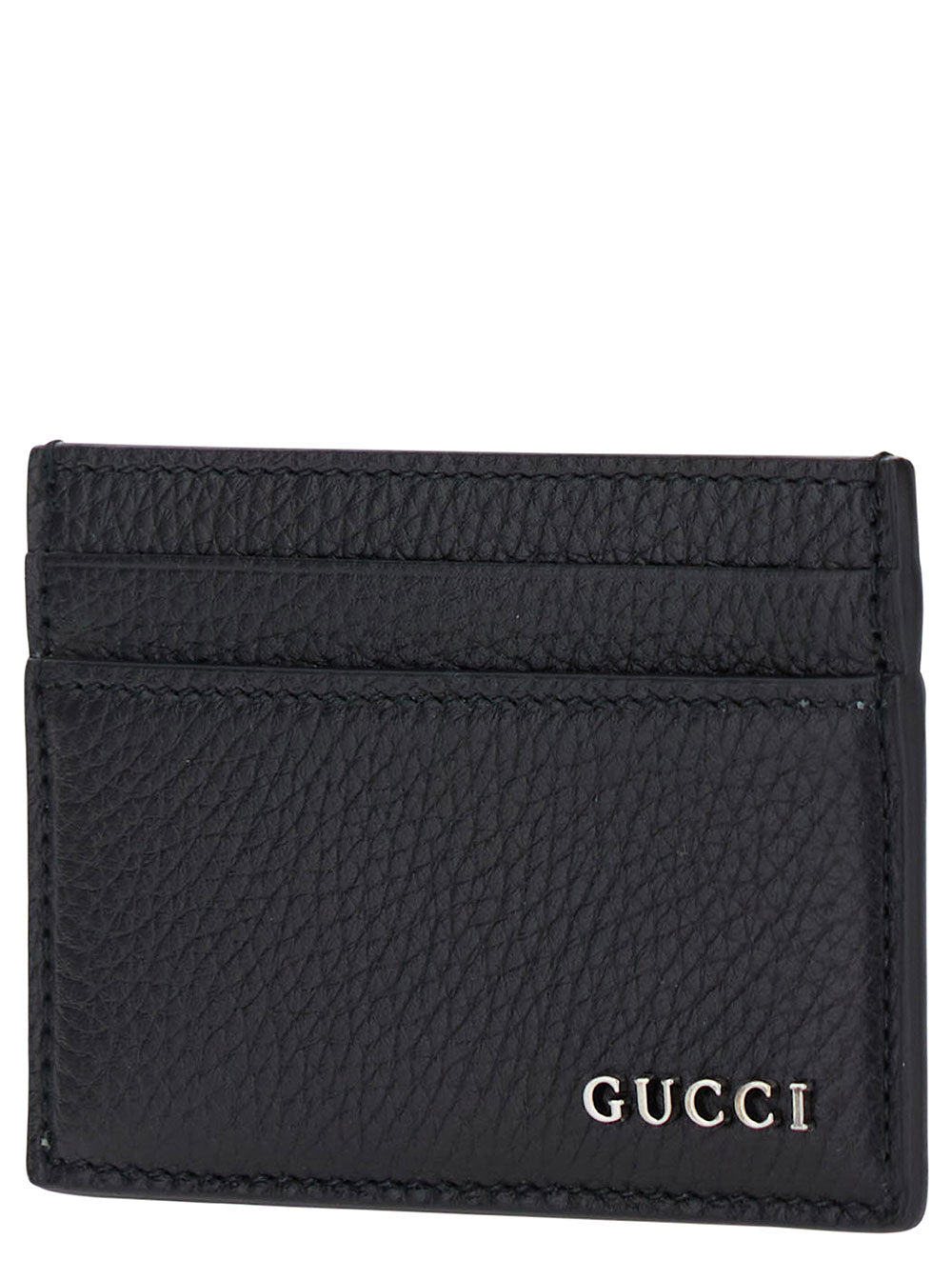 Gucci Men Black Card Holder With Logo Lettering Detail On The Front In Grained Leather For Men