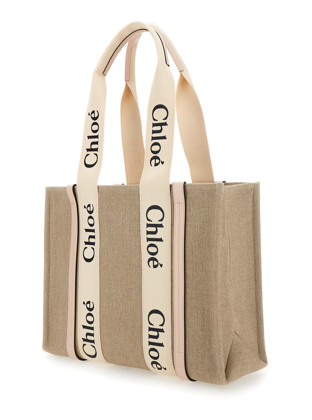 Chloé Women Handbag 'Medium Woody' With Logo In Linen Canvas Beige Woman