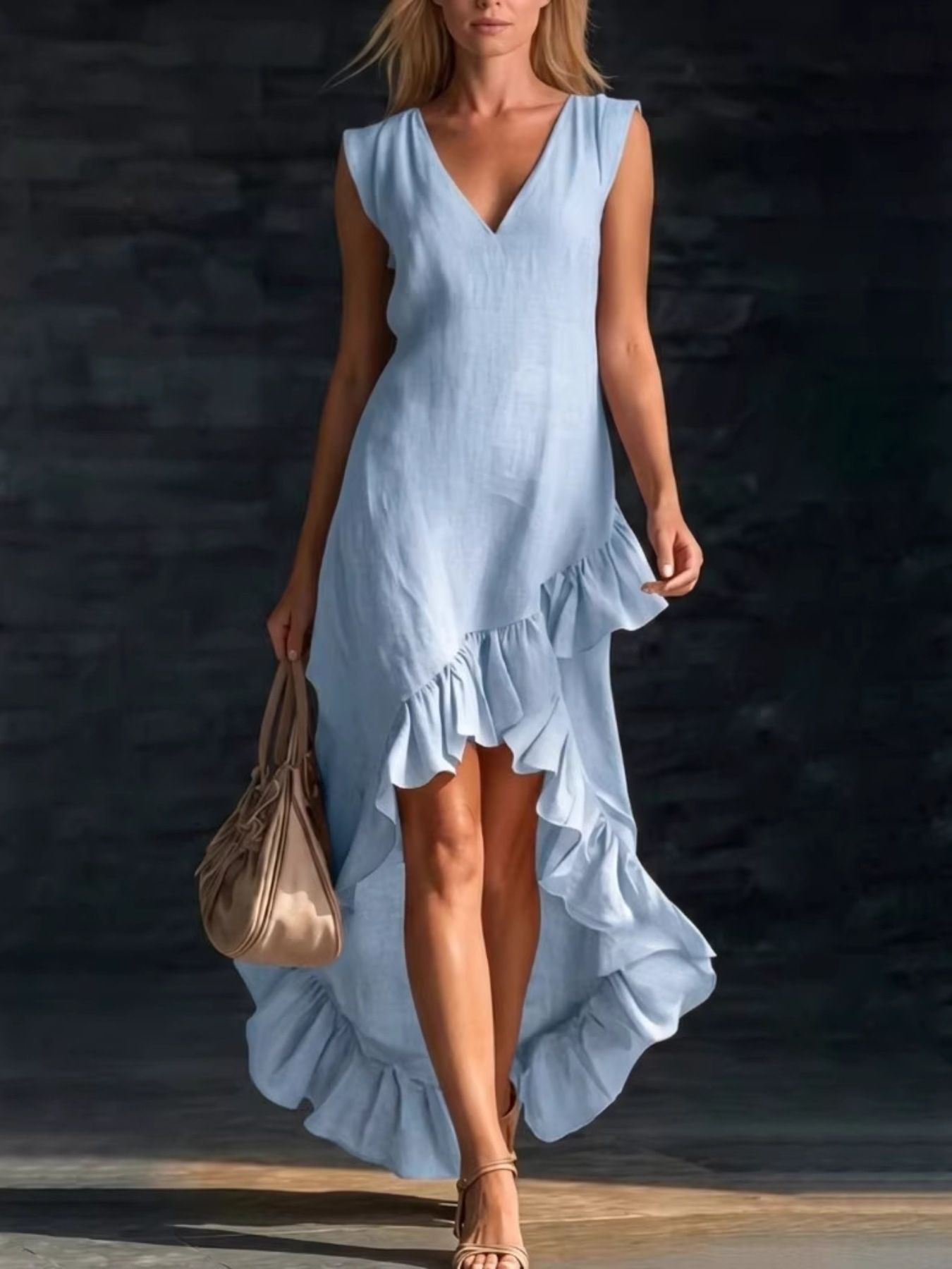 Sleeveless V-Neck Ruffle Hem High-Low Dress