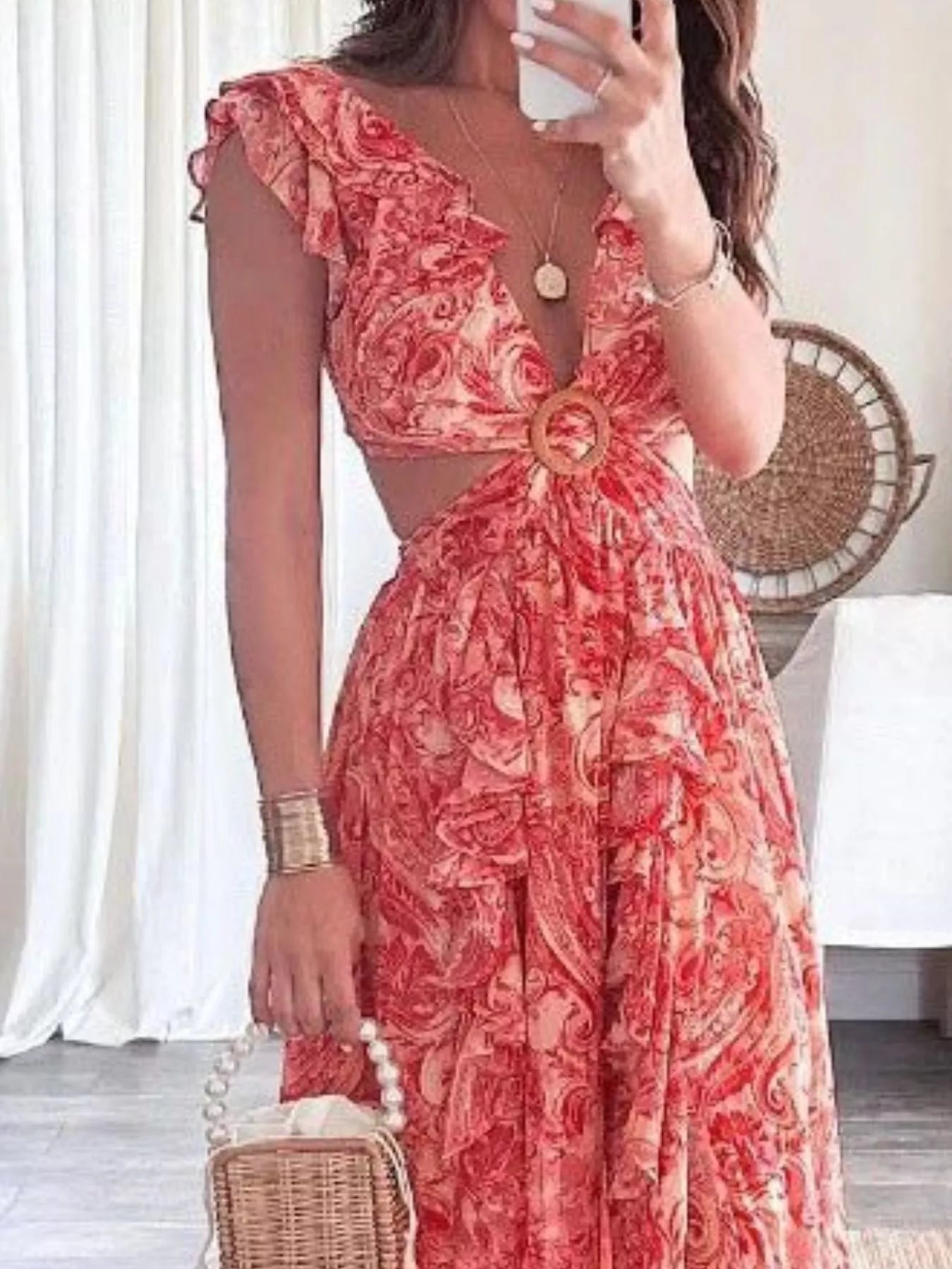Full Size Ruffled Cutout V-Neck Maxi Dress Plus Size