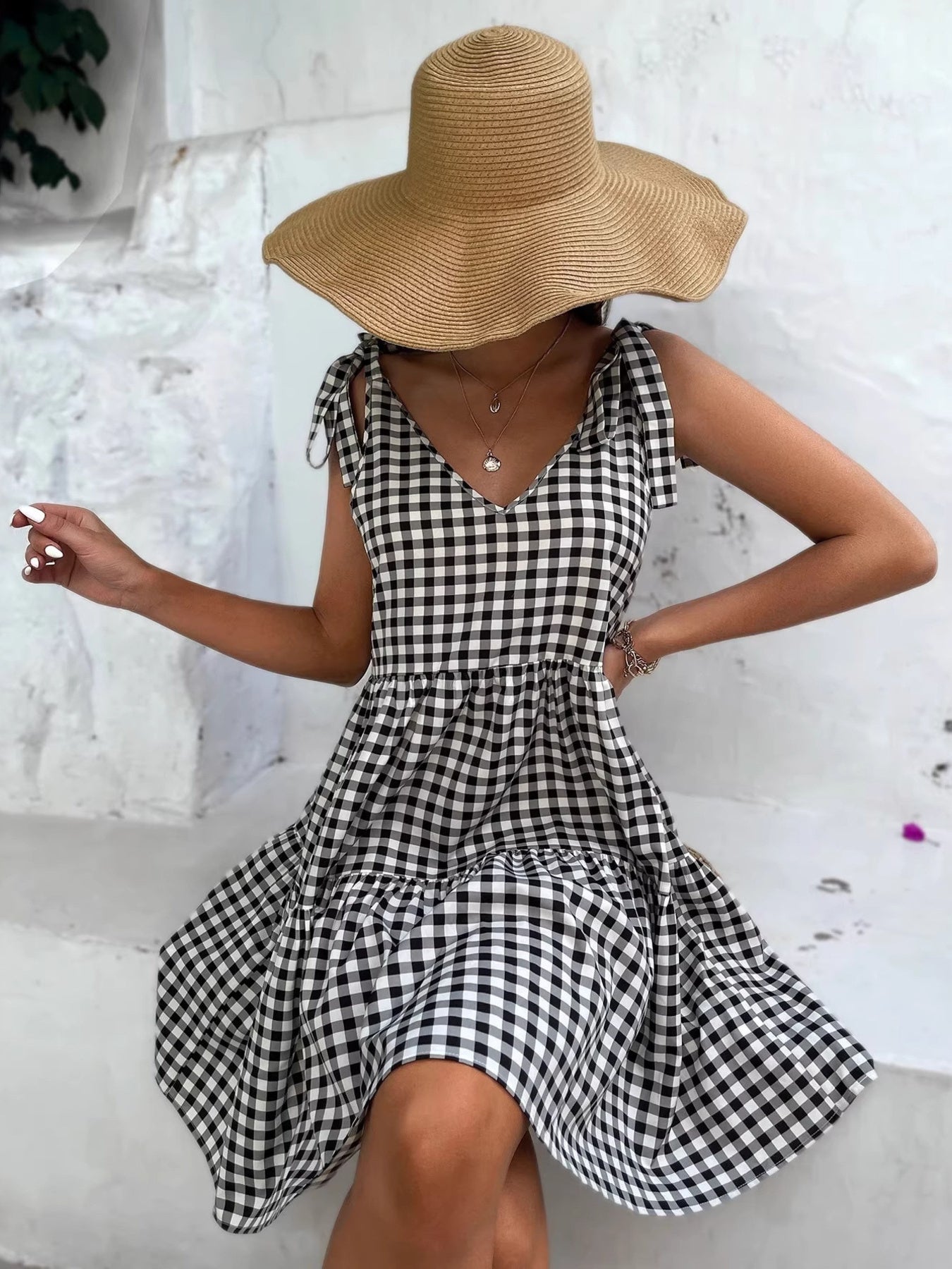 Gingham Tie-Shoulder Tiered Mini Dress