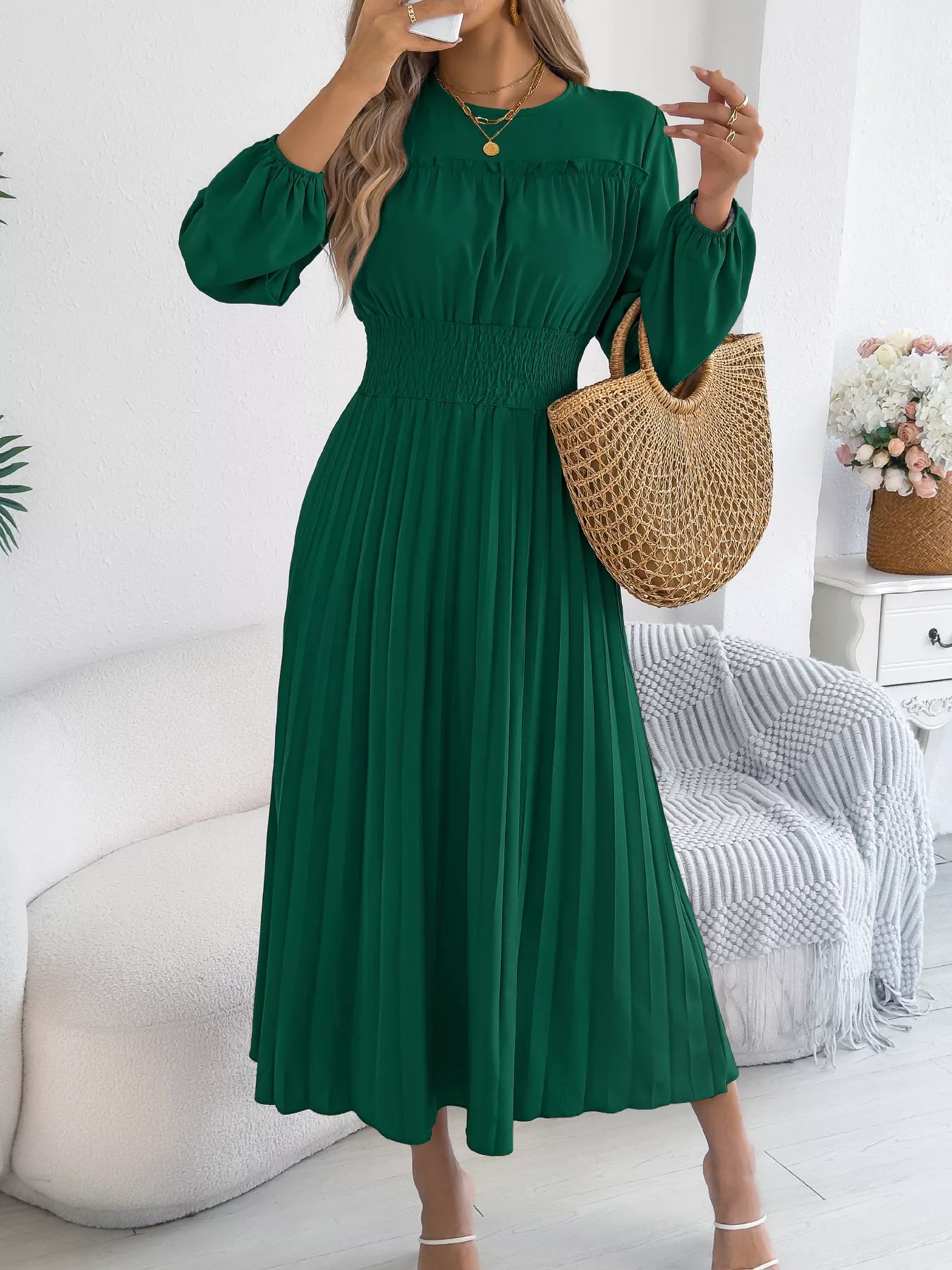Smocked Pleated Long Sleeve Midi Dress