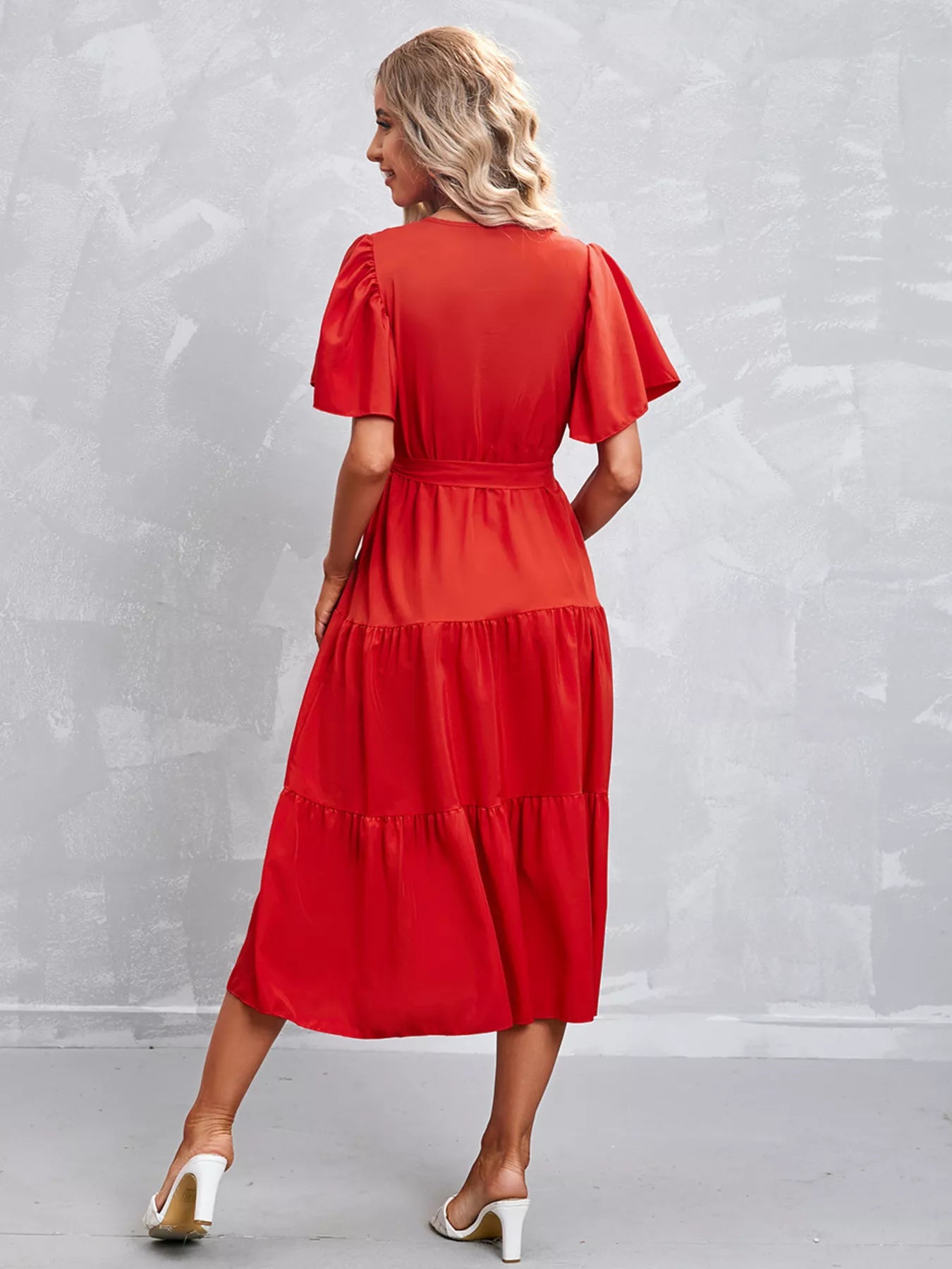 Flutter Sleeve Tiered Midi Dress