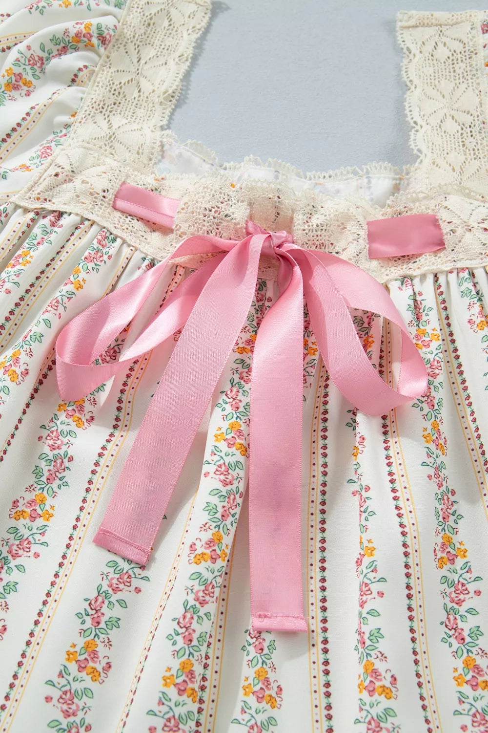 Multicolour Floral Print Contrast Ribbon Bow Lace Trim Square Neck Mini Dress