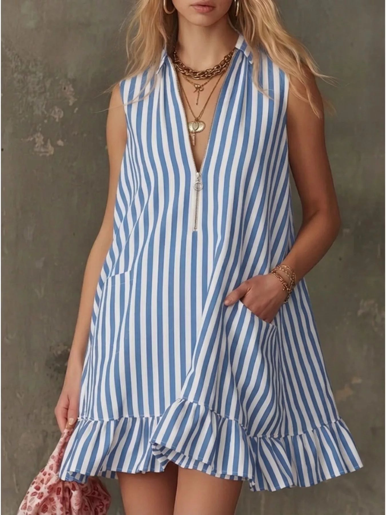 Striped Zipper Neck Ruffle Hem Dress