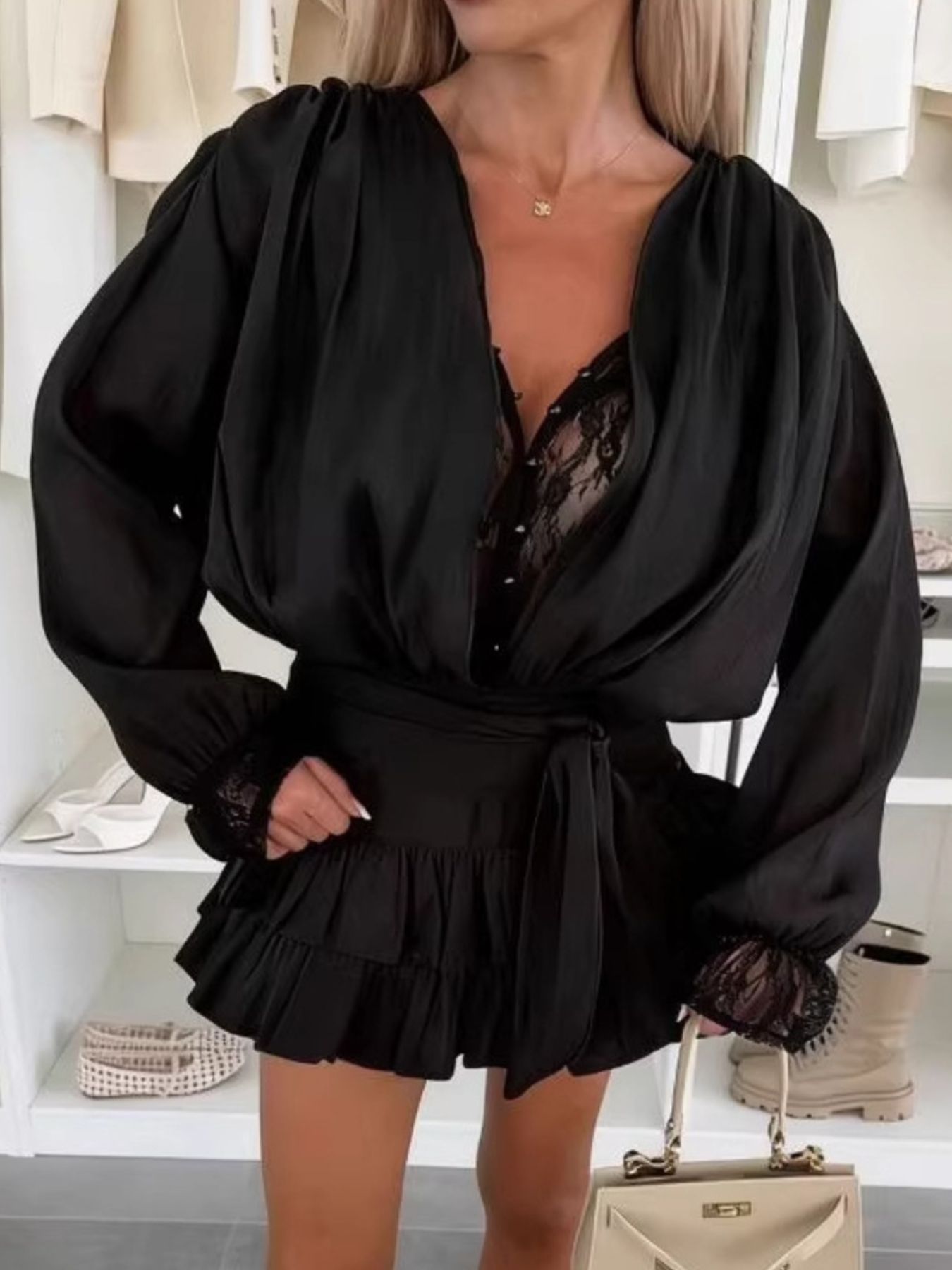 Lace Long Sleeve Dress with Short Liner