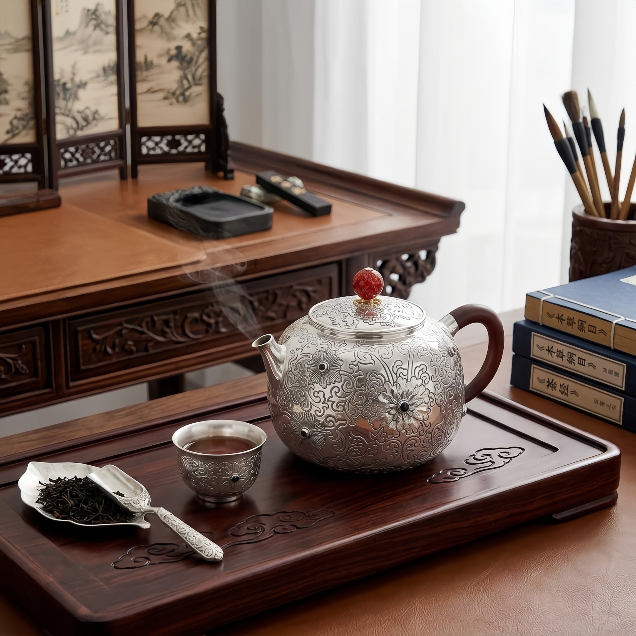 925 Sterling Silver Ornate Hand-Engraved Silver Teapot with Gemstone Accents and Wooden Handle - Handicraft