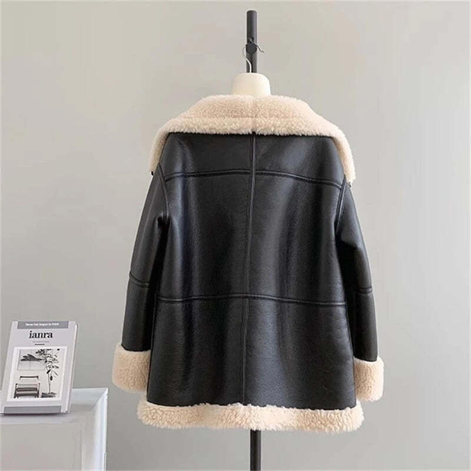 Autumn and winter New women's Cashmere collar composite leather jacket y2k high Quality ComfortableWarm Casual HighCollar Jacket