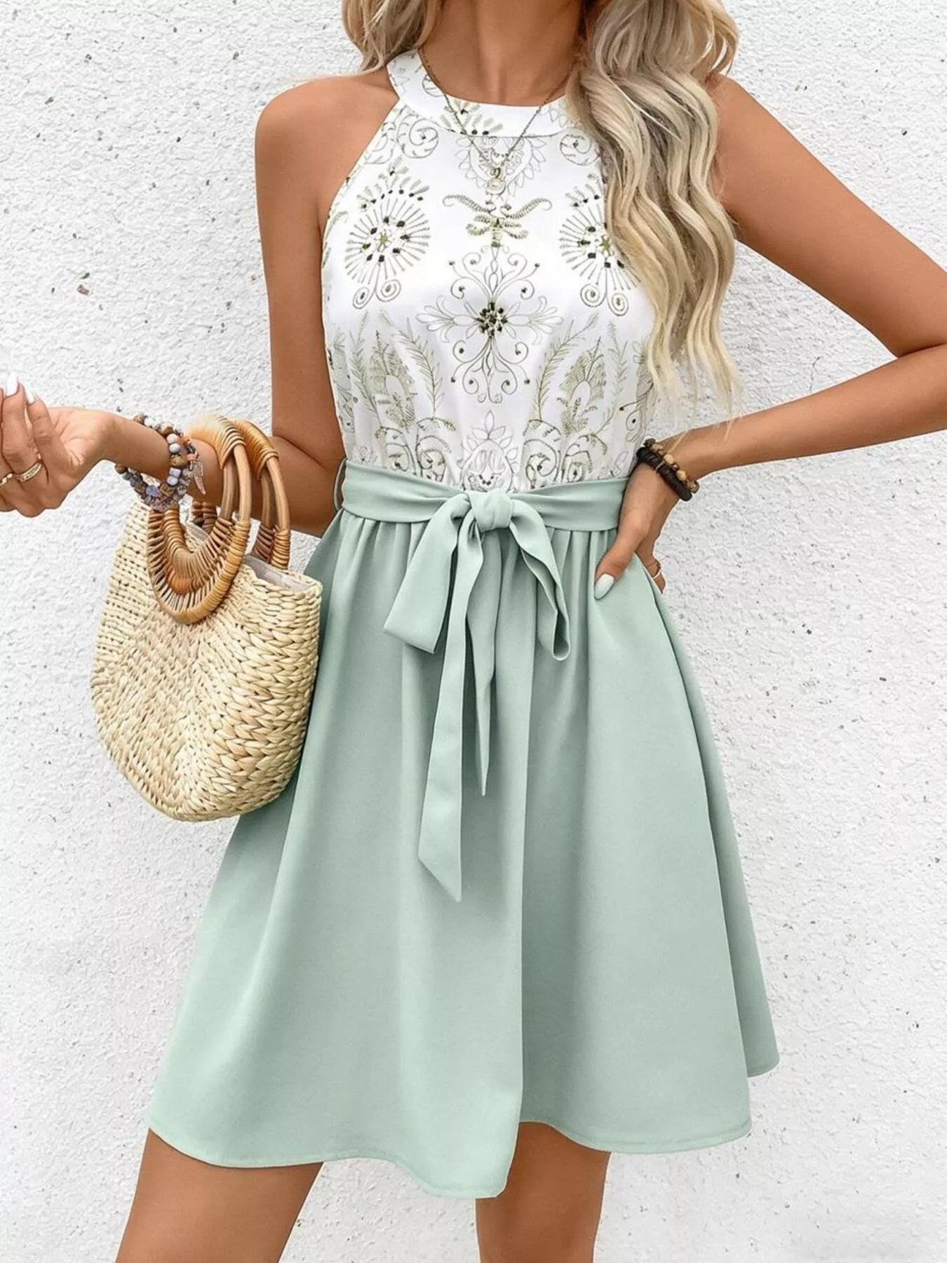 Sleeveless Tie Waist A-Line Dress