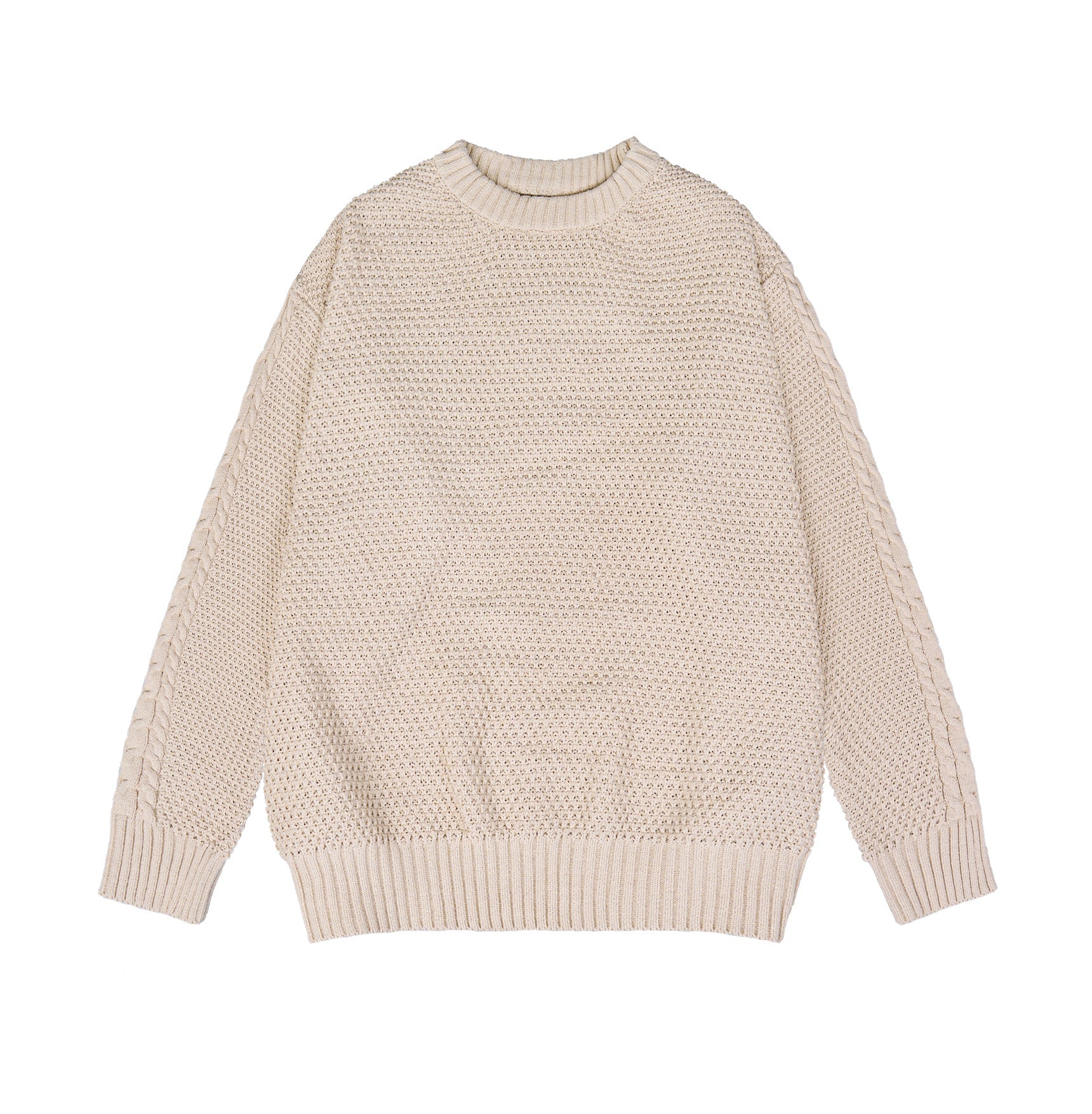 Cable Knit Wool Sweater — Relaxed Fit, Beige