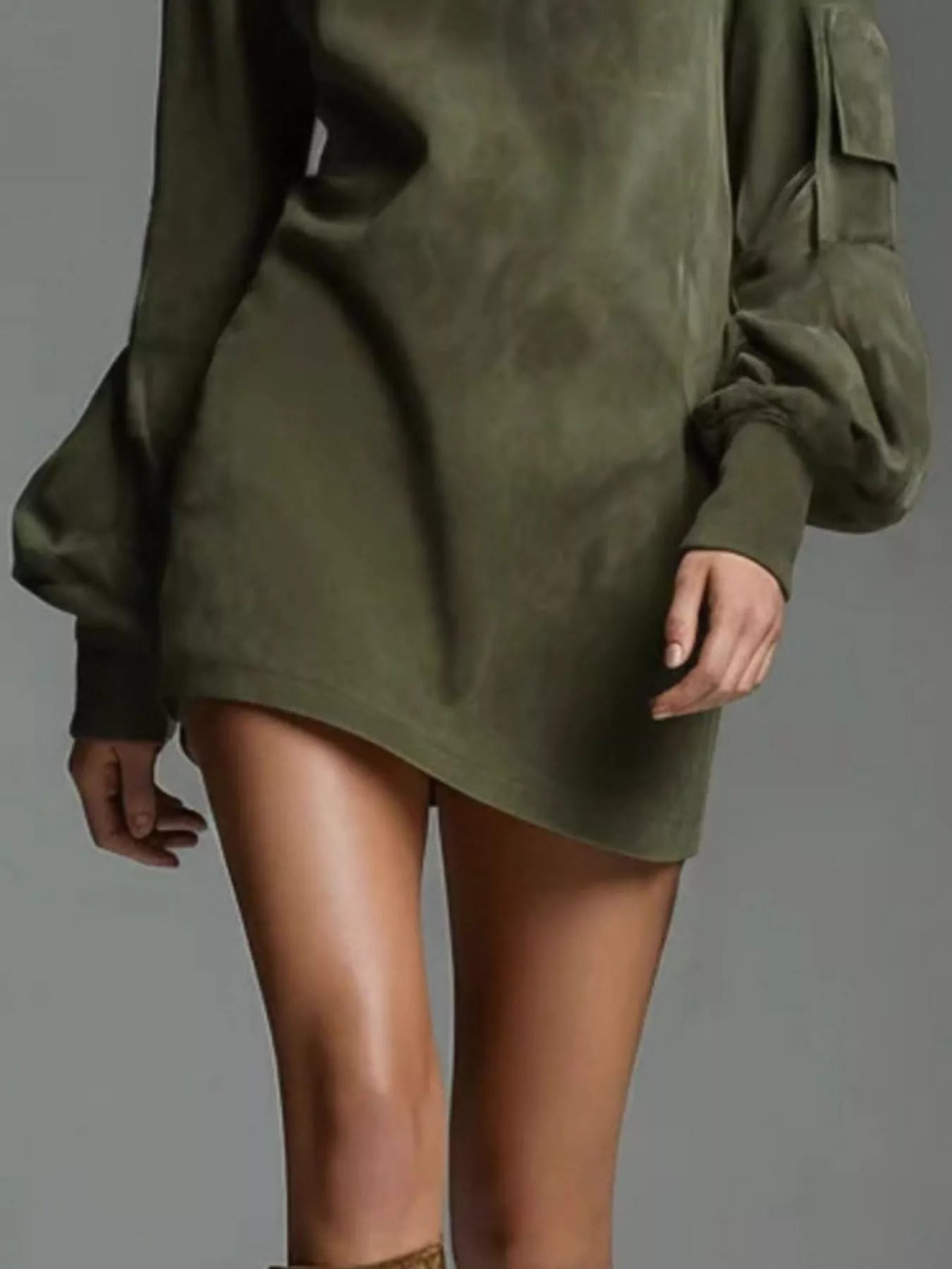 Full Size Suede Turtleneck Lantern Sleeve Mini Dress Plus Size