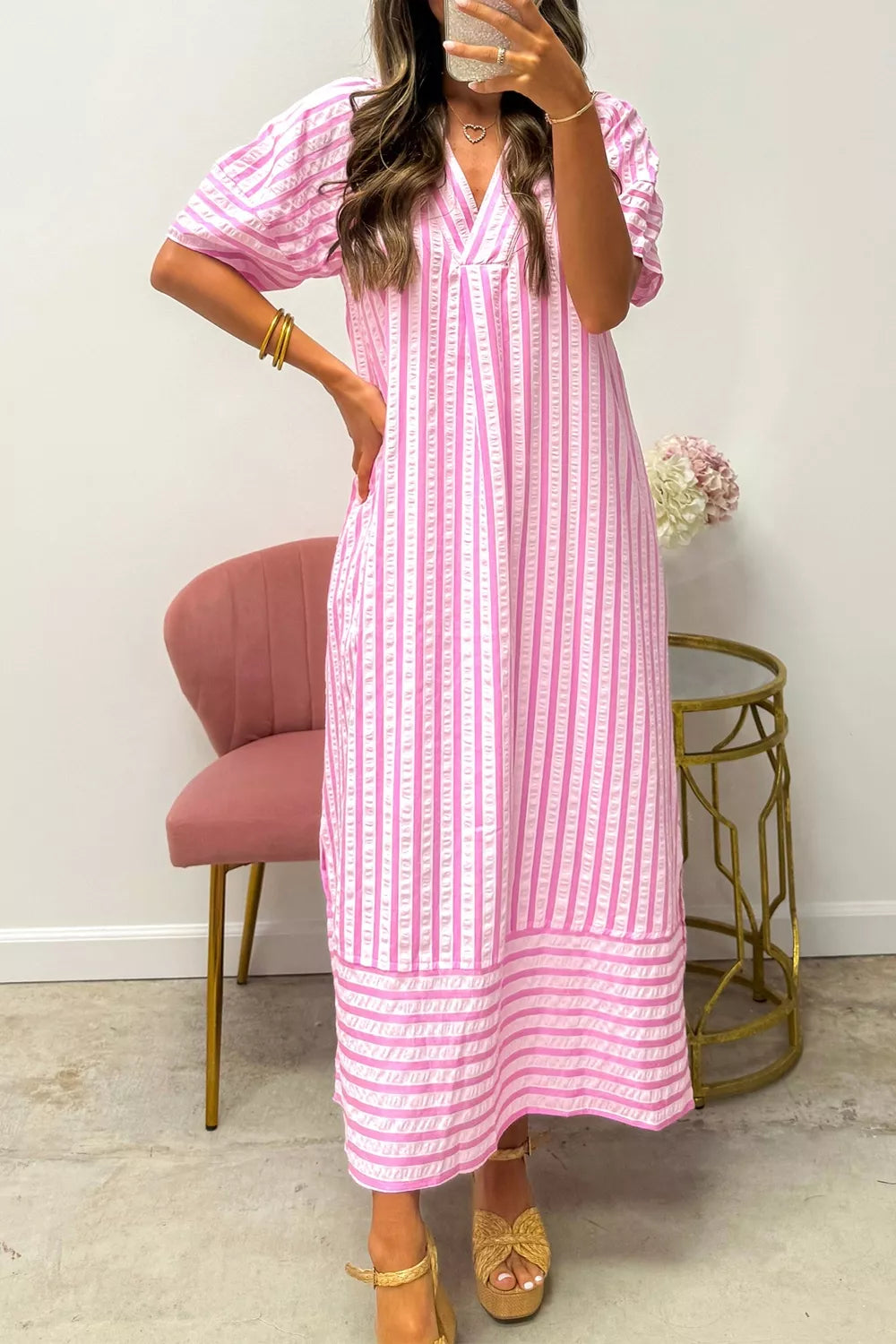 Striped V-Neck Midi Dress