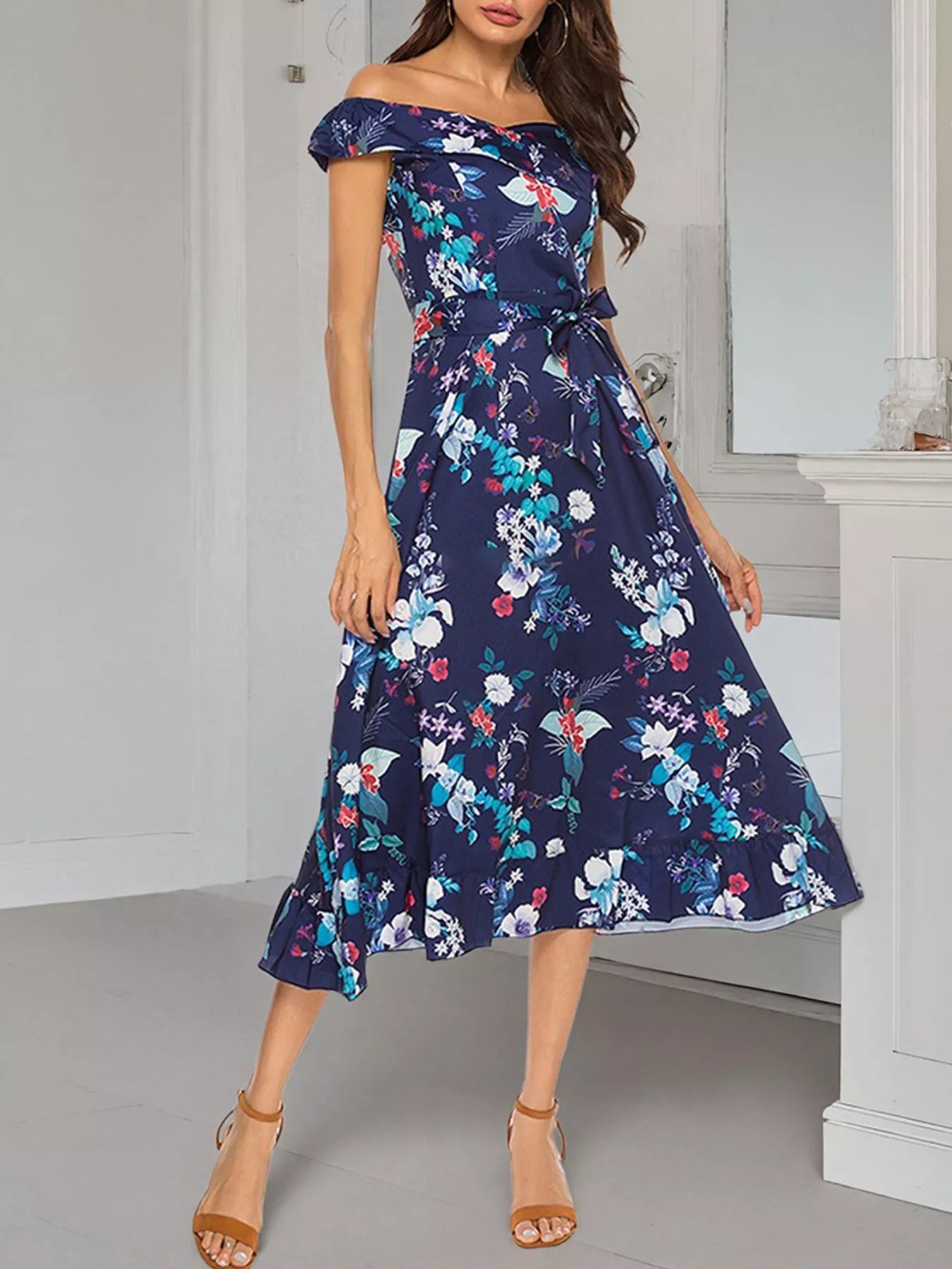 Floral Print Off Shoulder Midi Dress