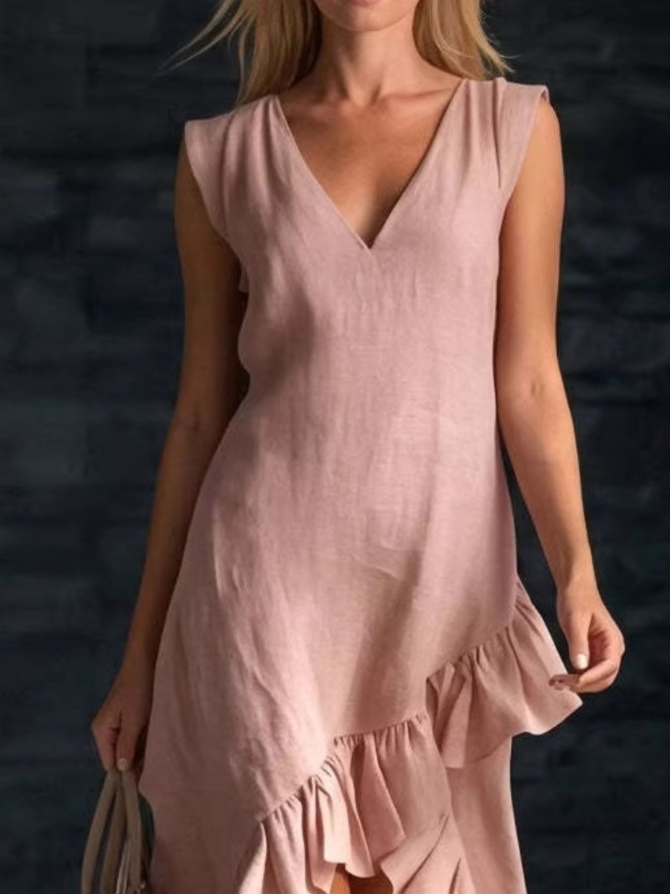 Sleeveless V-Neck Ruffle Hem High-Low Dress