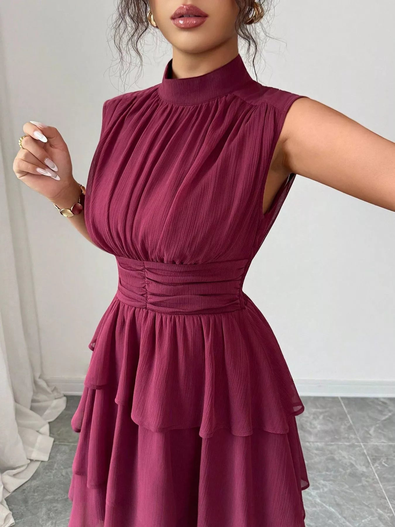 Sleeveless Mock Neck Layered Ruffle Dress