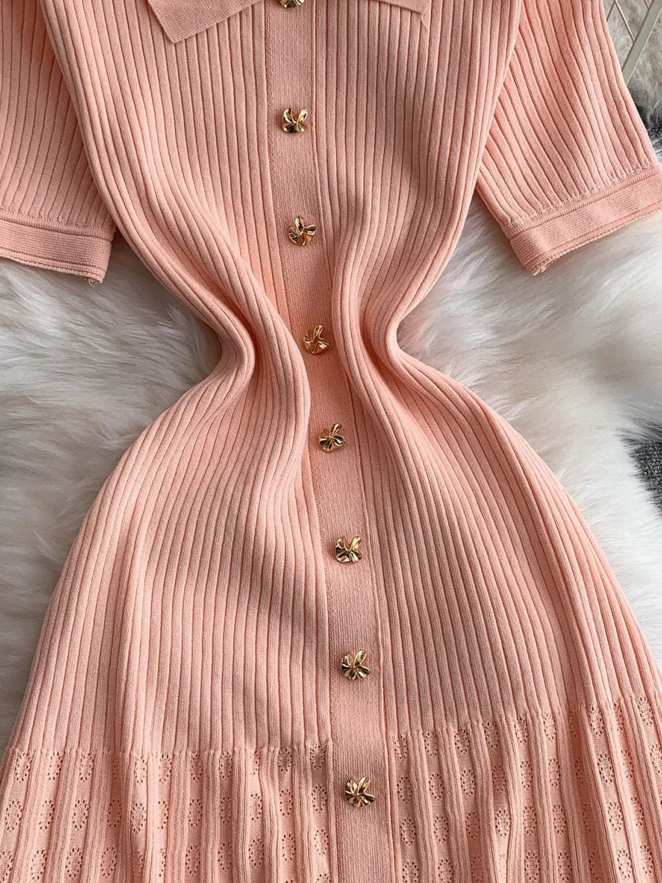 Button Front Ribbed Knit Midi Dress