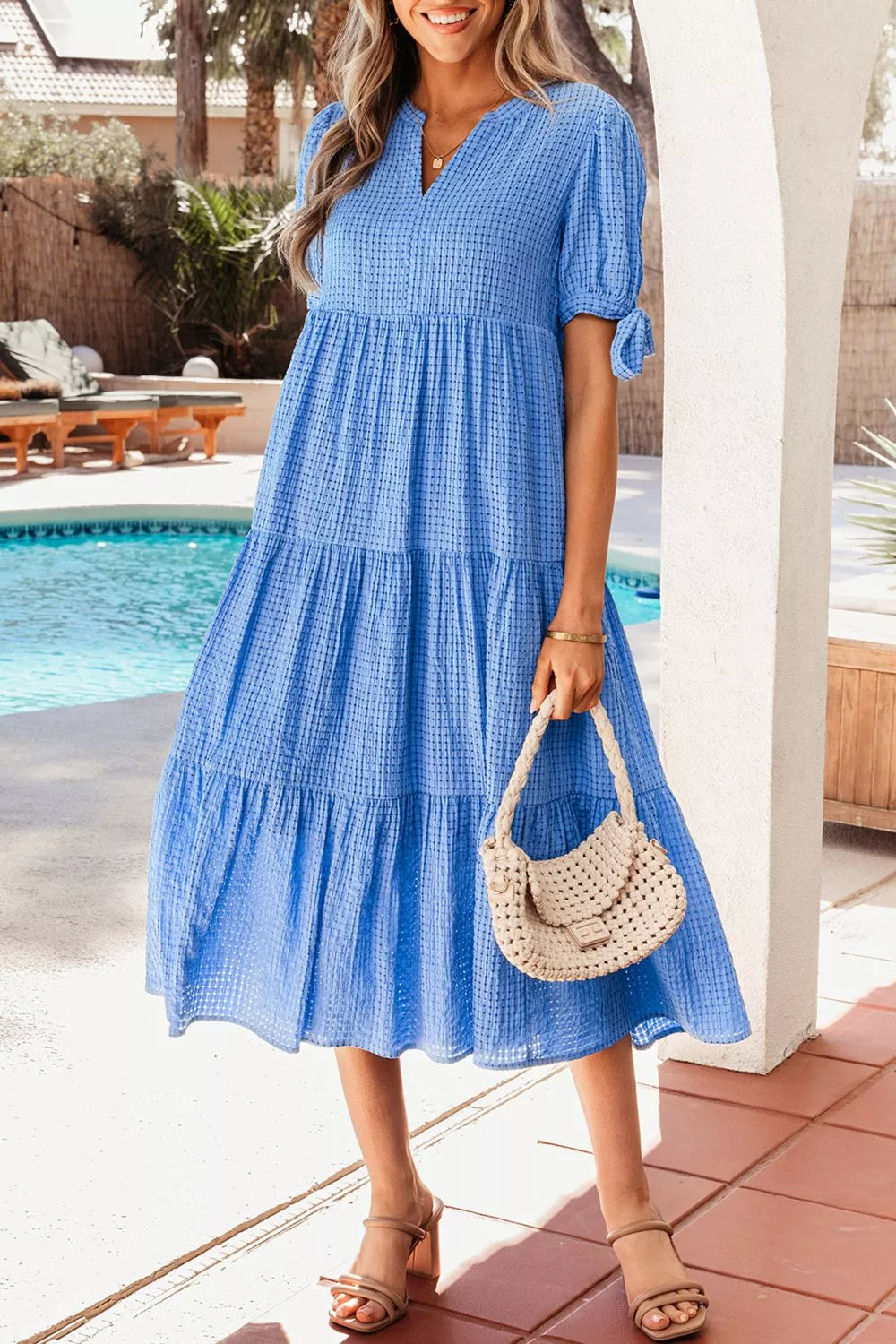 Notched Short Sleeve Tiered Midi Dress