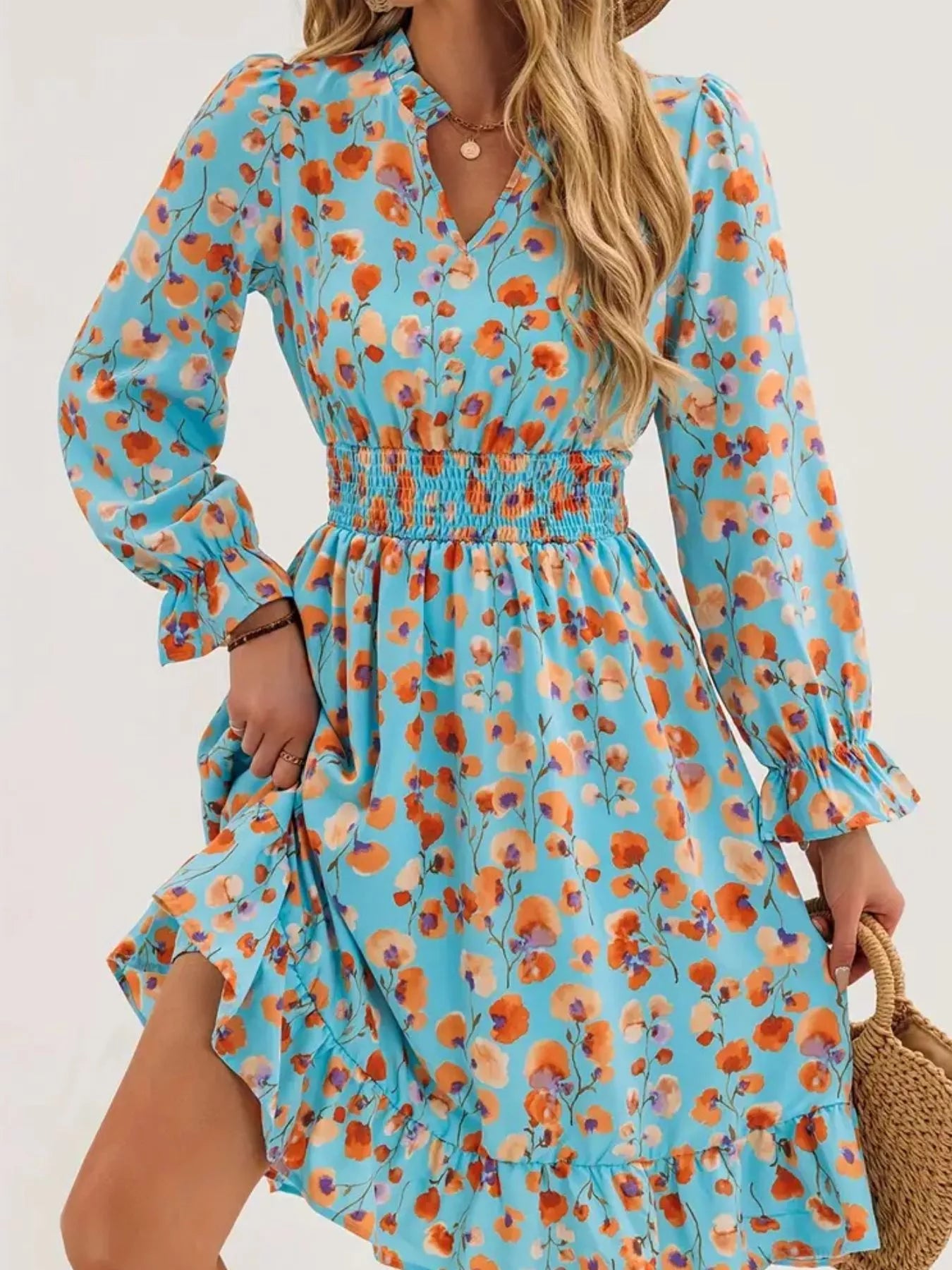 Floral Notched Flounce Sleeve Dress