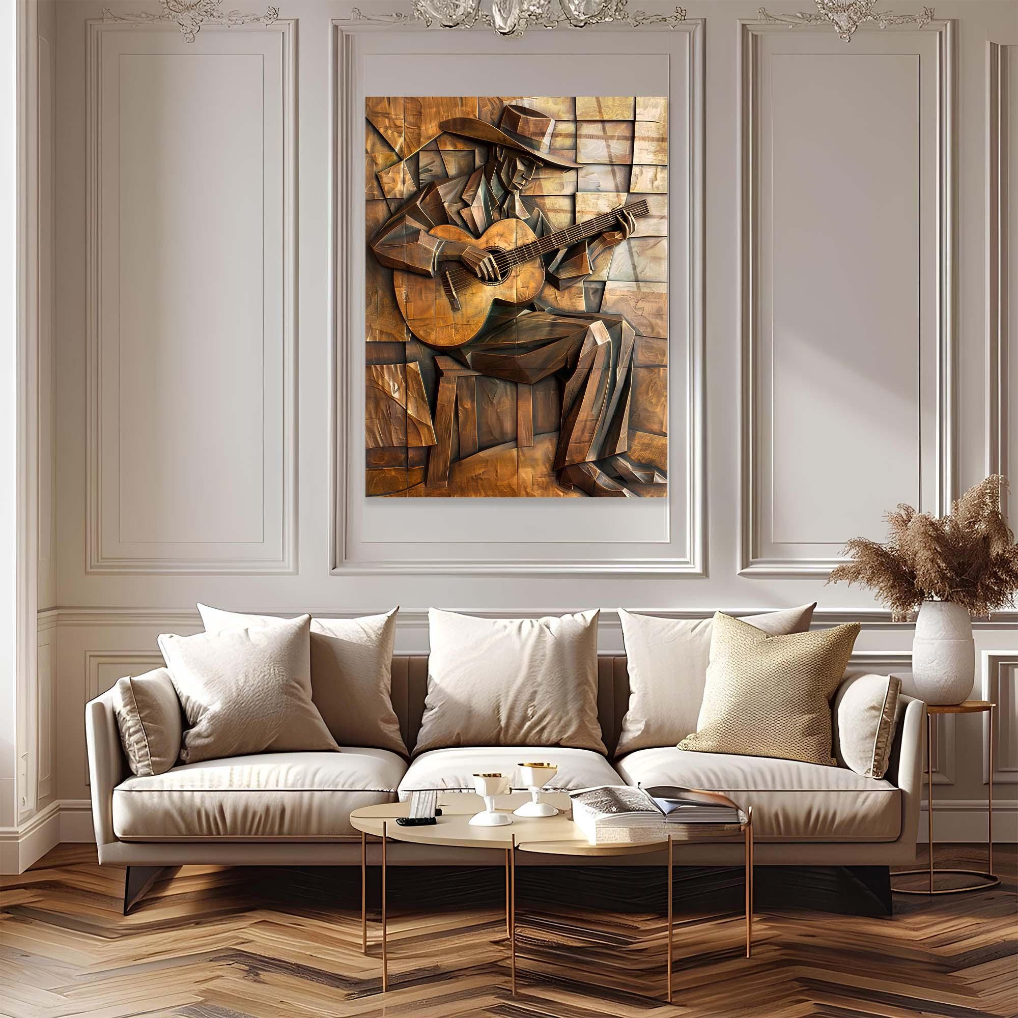 Cubist Guitarist Tempered Glass Wall Art | Modern Rustic Decor