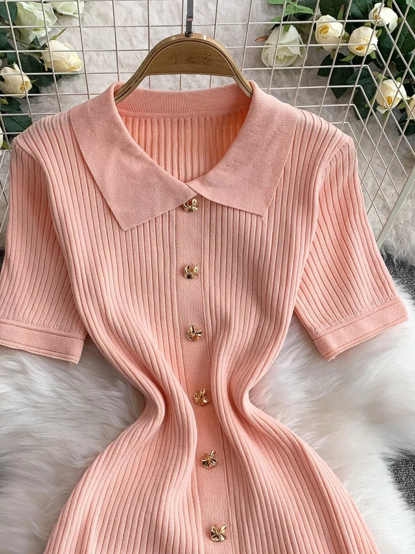 Button Front Ribbed Knit Midi Dress