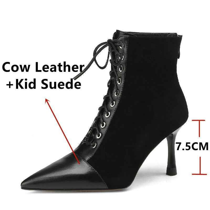 Mature Elegant Women Ankle Boots Pointed Toe Thin High Heels Female Office Genuine Leather Cross-Tied Shoes Woman