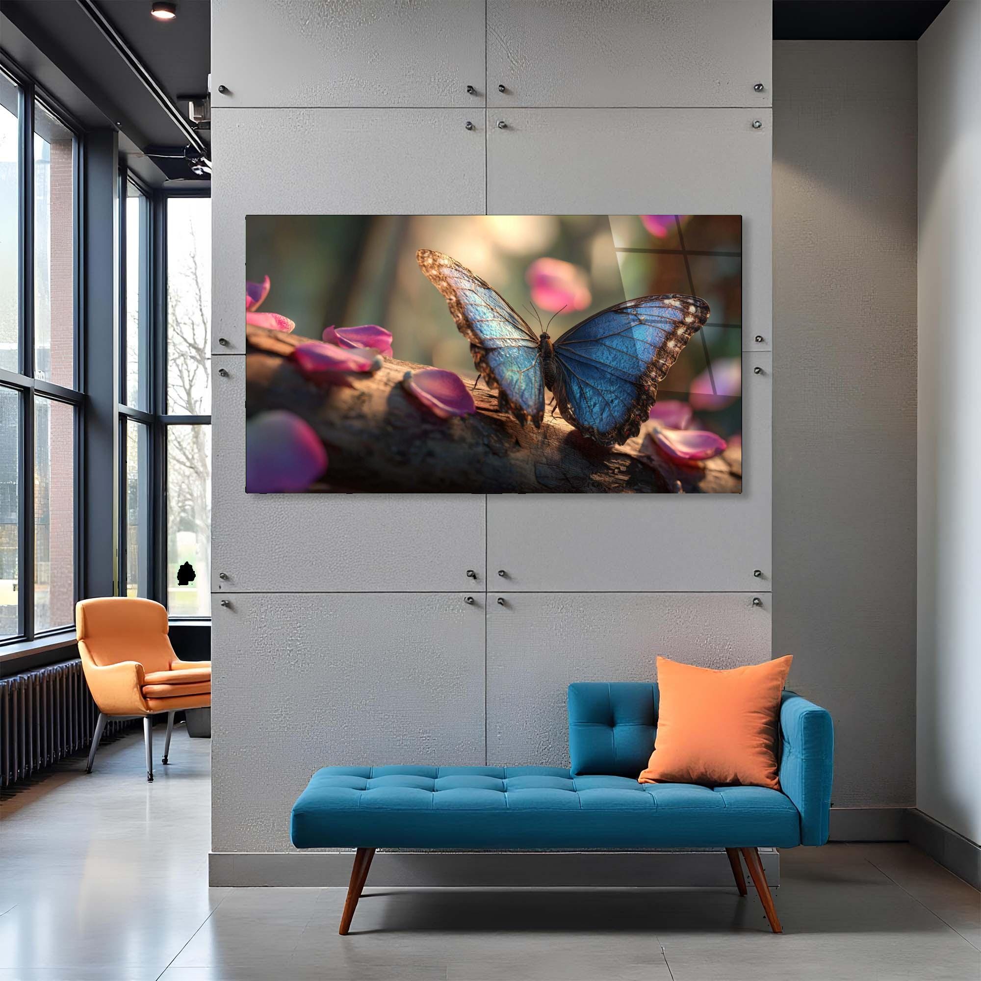 Blue Butterfly Tempered Glass Wall Art | Modern Nature Home Decor