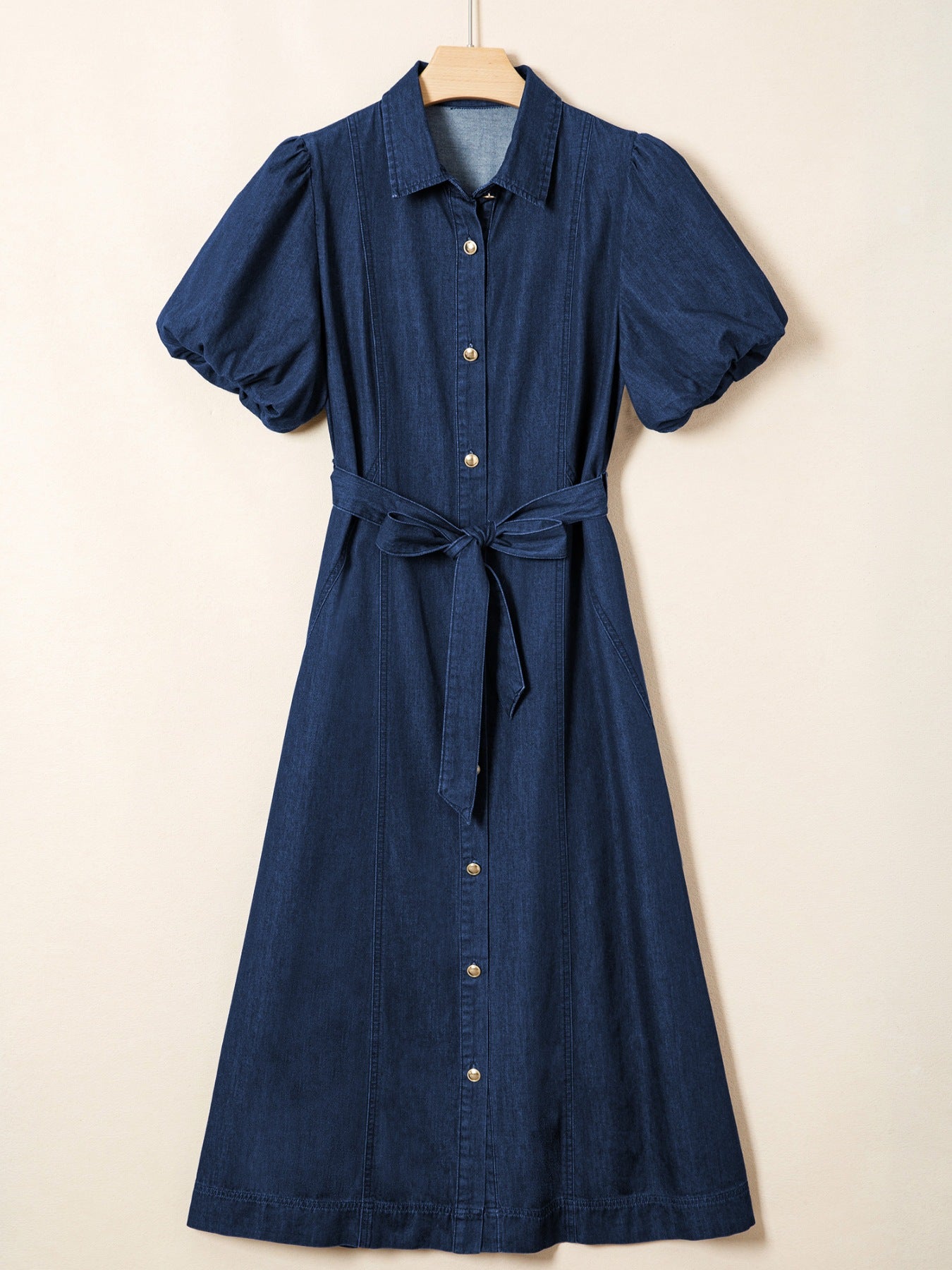 Belted Button-Down Midi Denim Dress