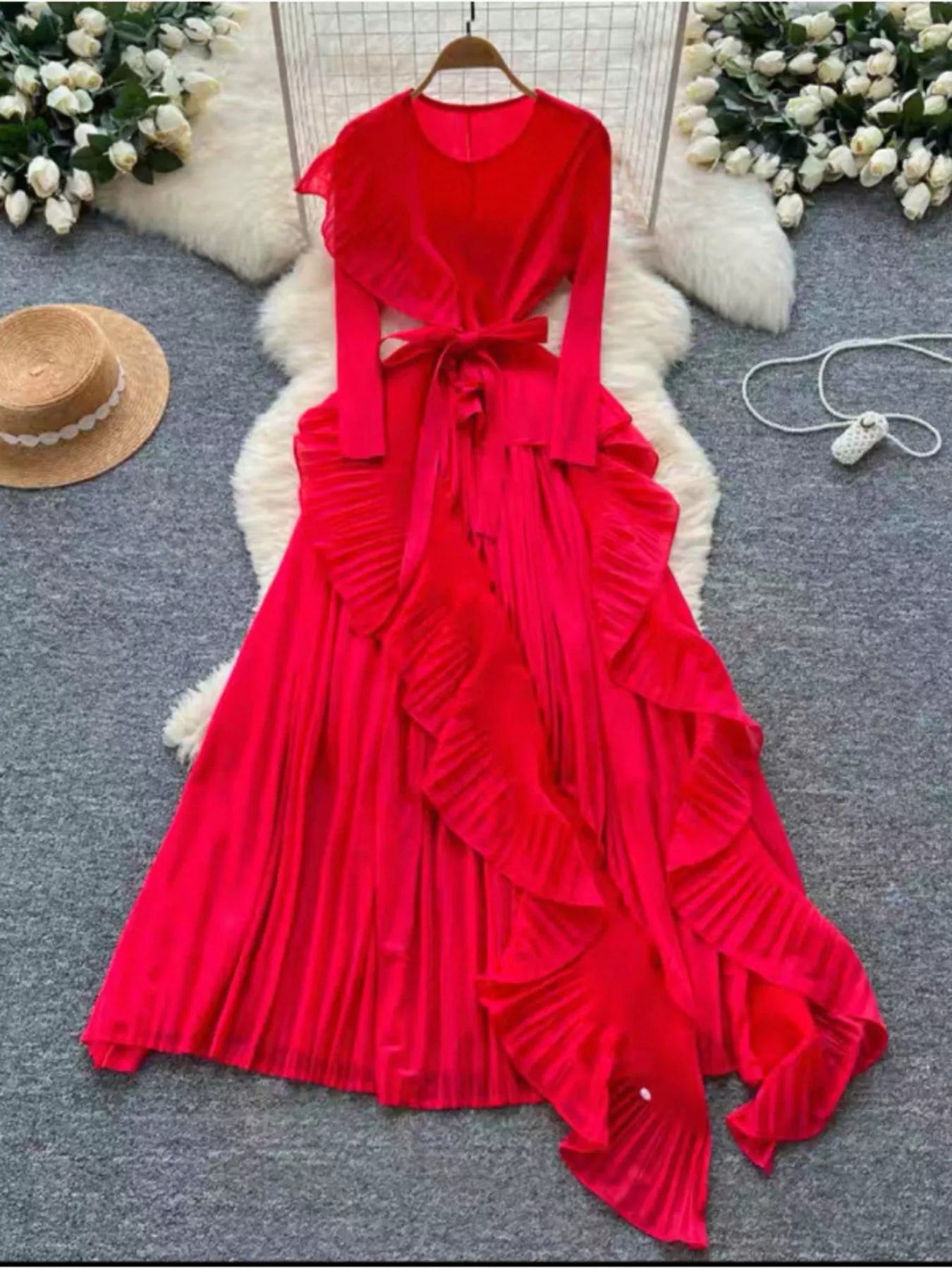 Ruffle Trim Pleated Midi Dress