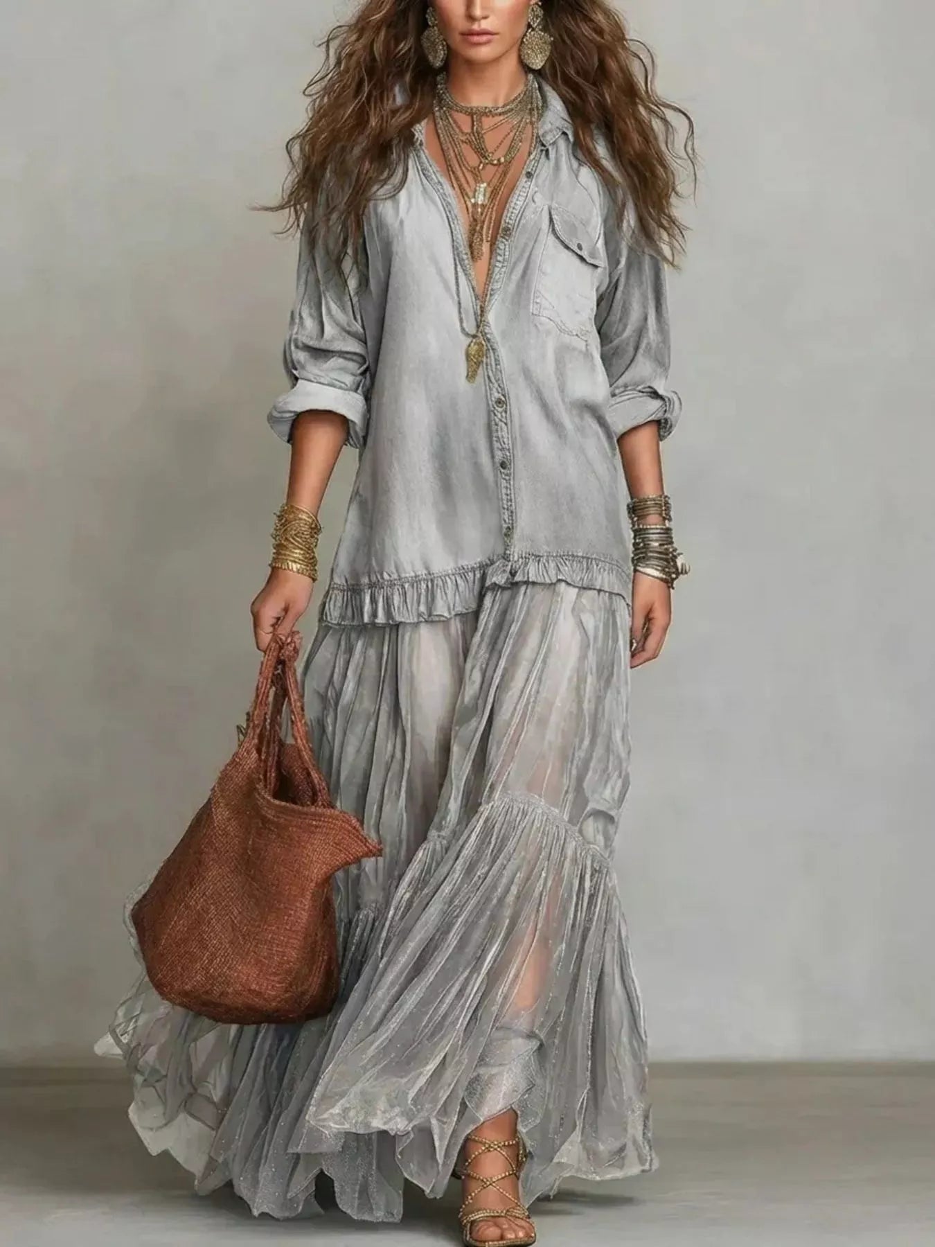 Long Sleeve Sheer Ruffle Maxi Dress