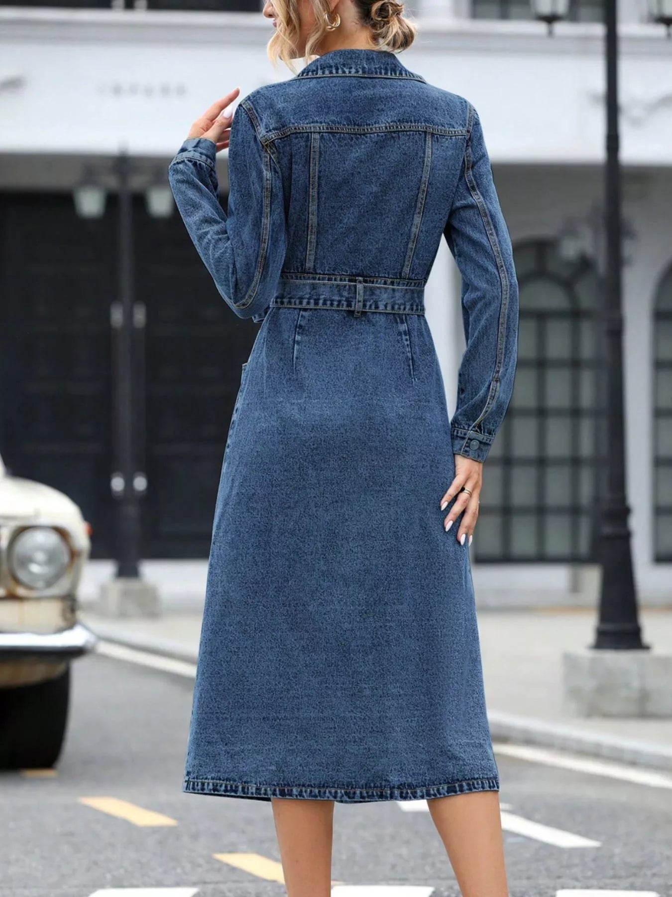 Belted Long Sleeve Denim Dress