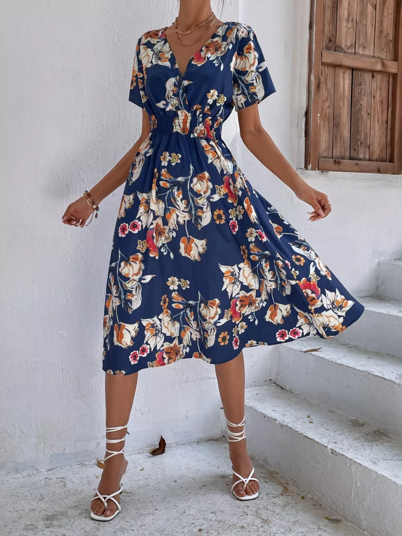 Printed Short Sleeve Midi Dress