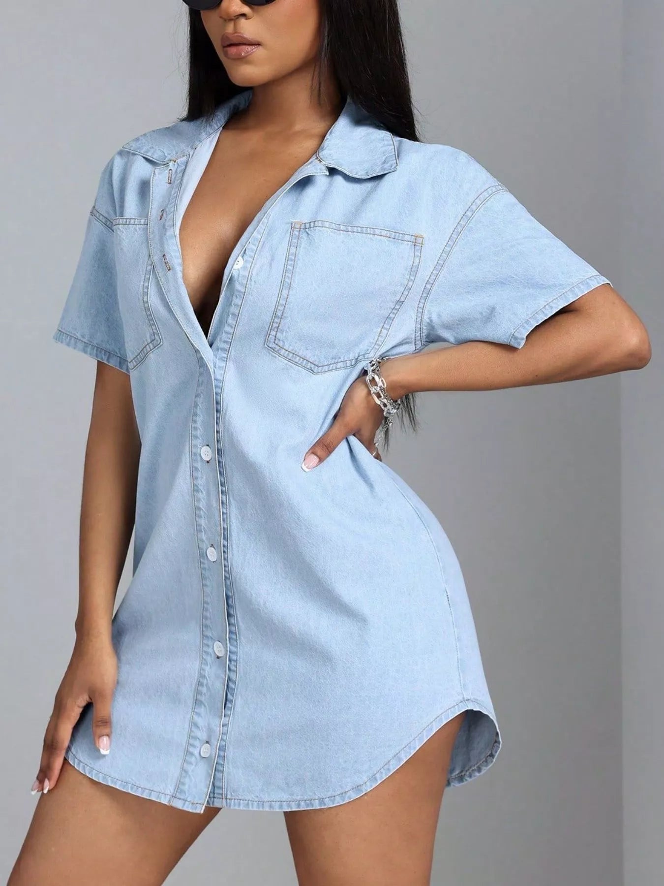 Button-Down Short Sleeve Denim Dress