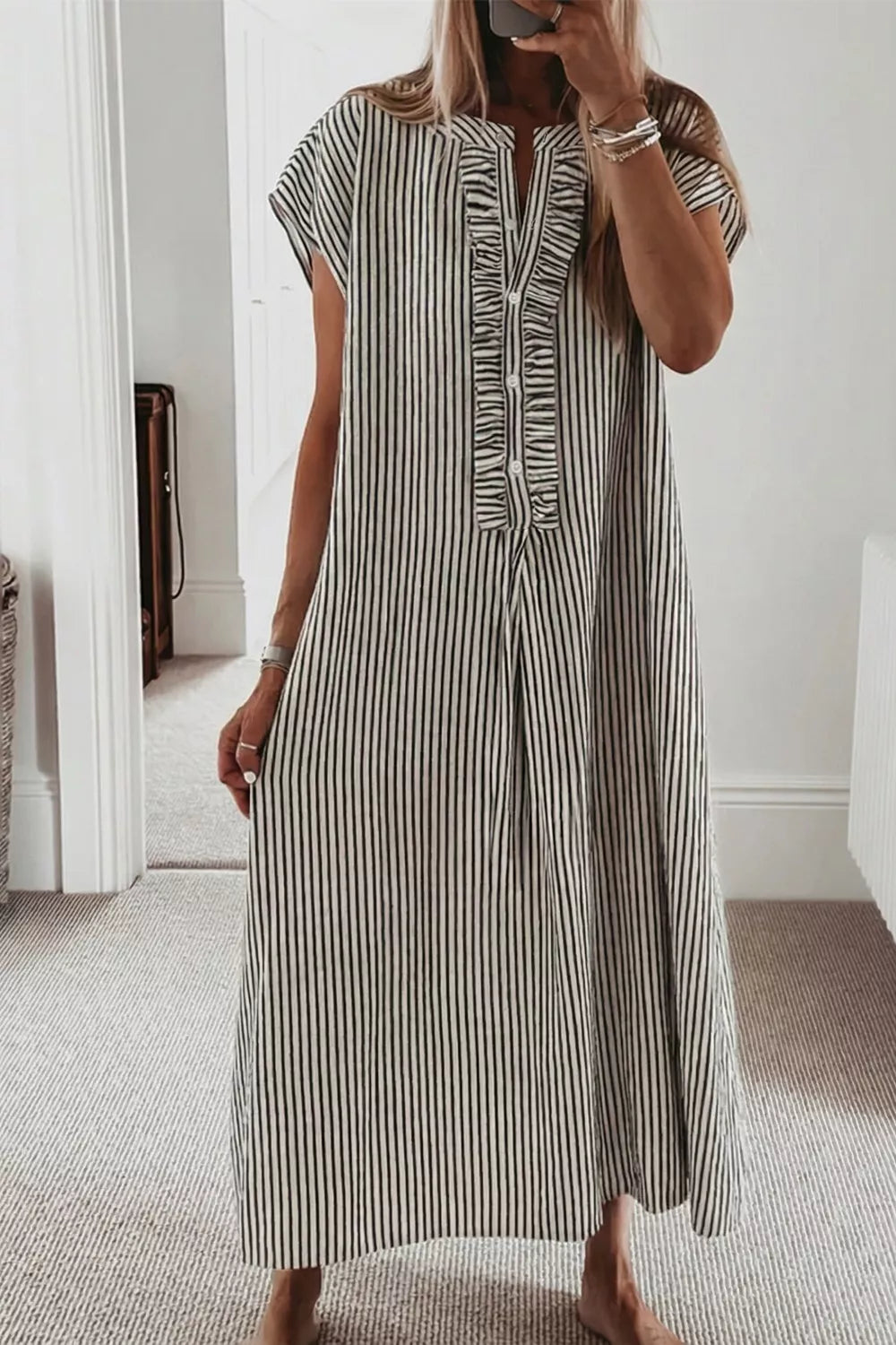 Striped Ruffle Button Front Maxi Dress