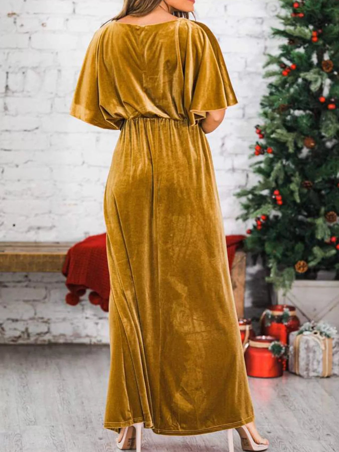 Slit Round Neck Flutter Sleeve Velvet Maxi Dress