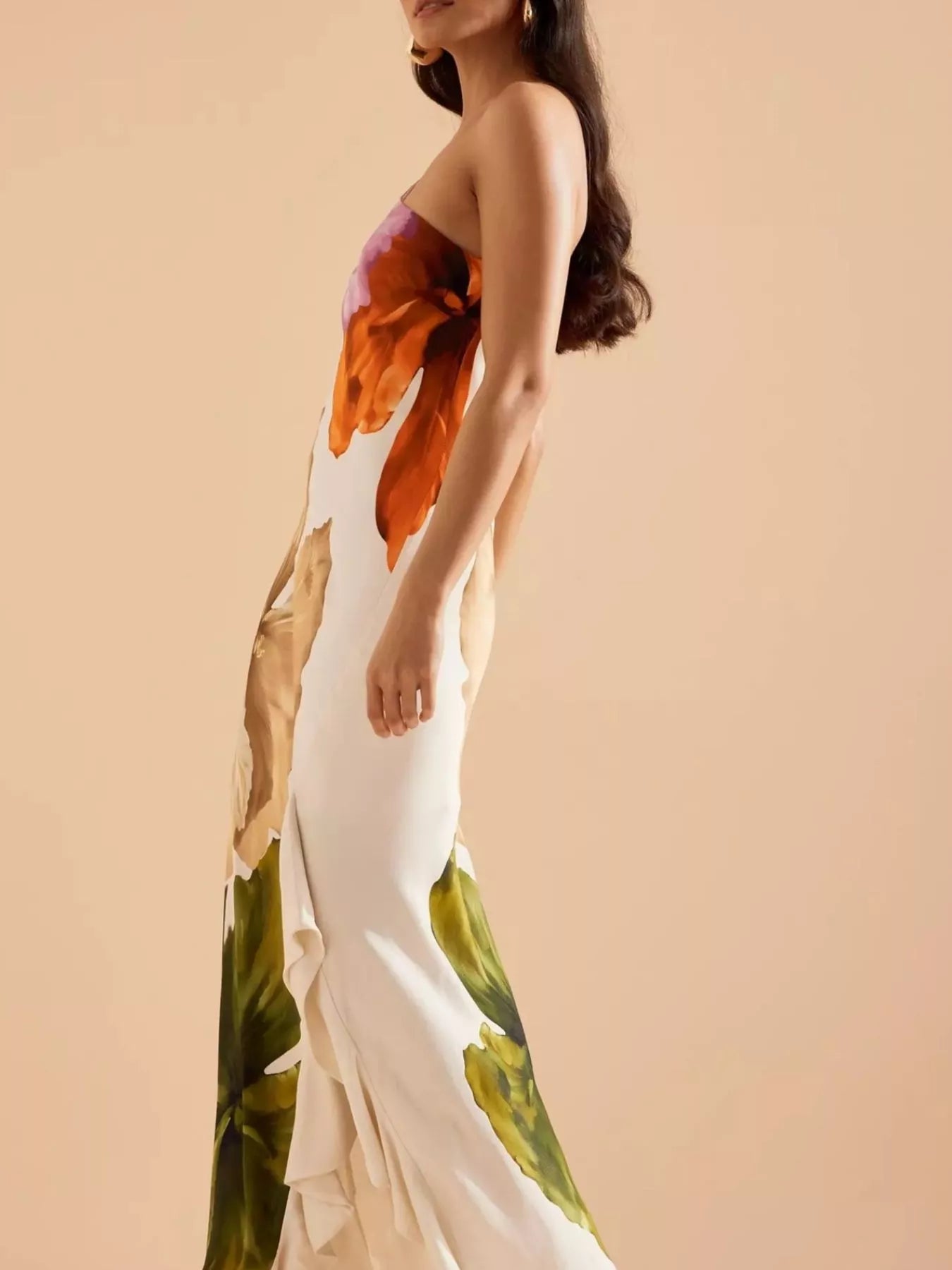 Floral Print One-Shoulder Ruffle Hem Maxi Dress