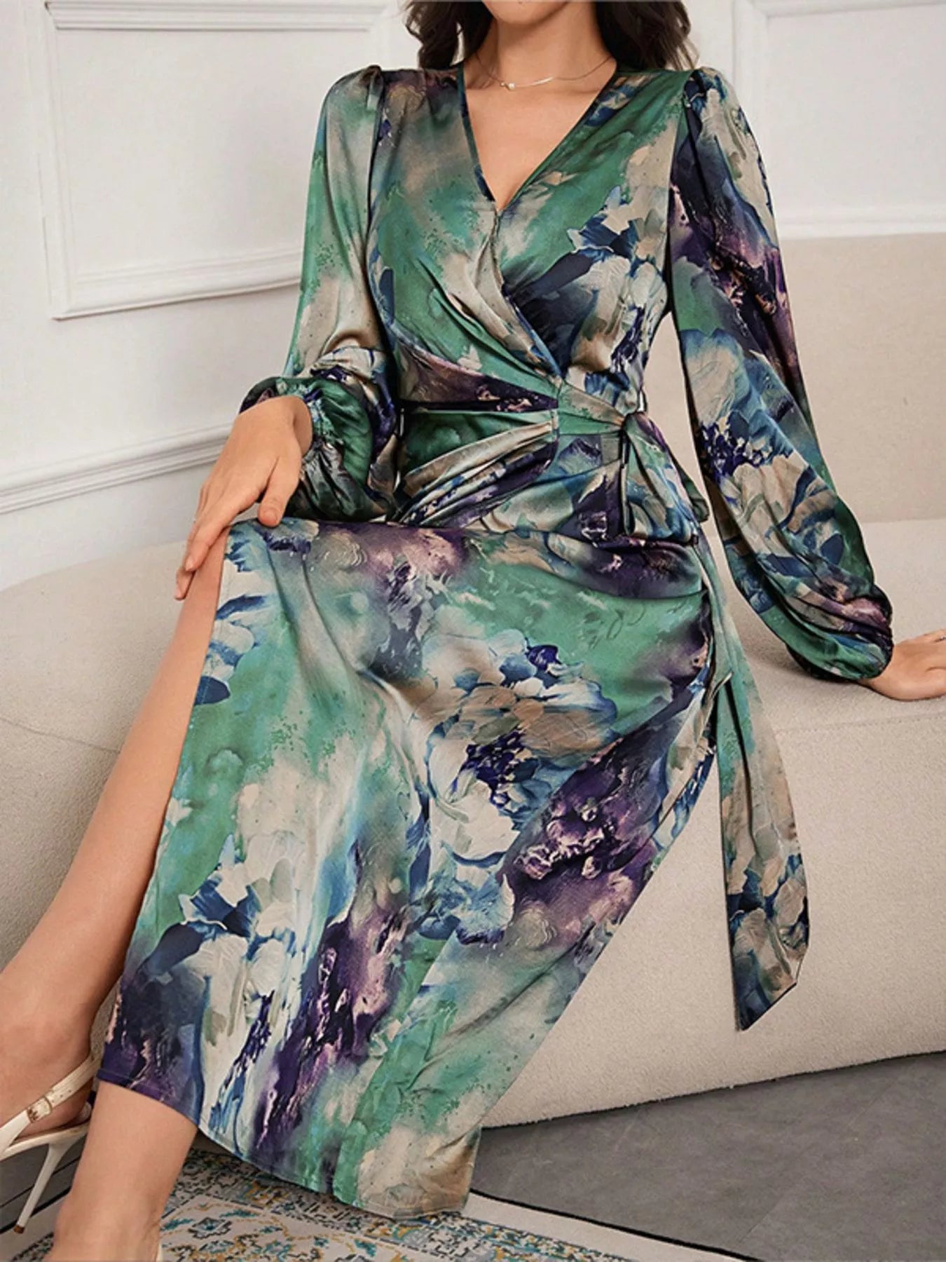 Printed Tie Waist Balloon Sleeve Dress