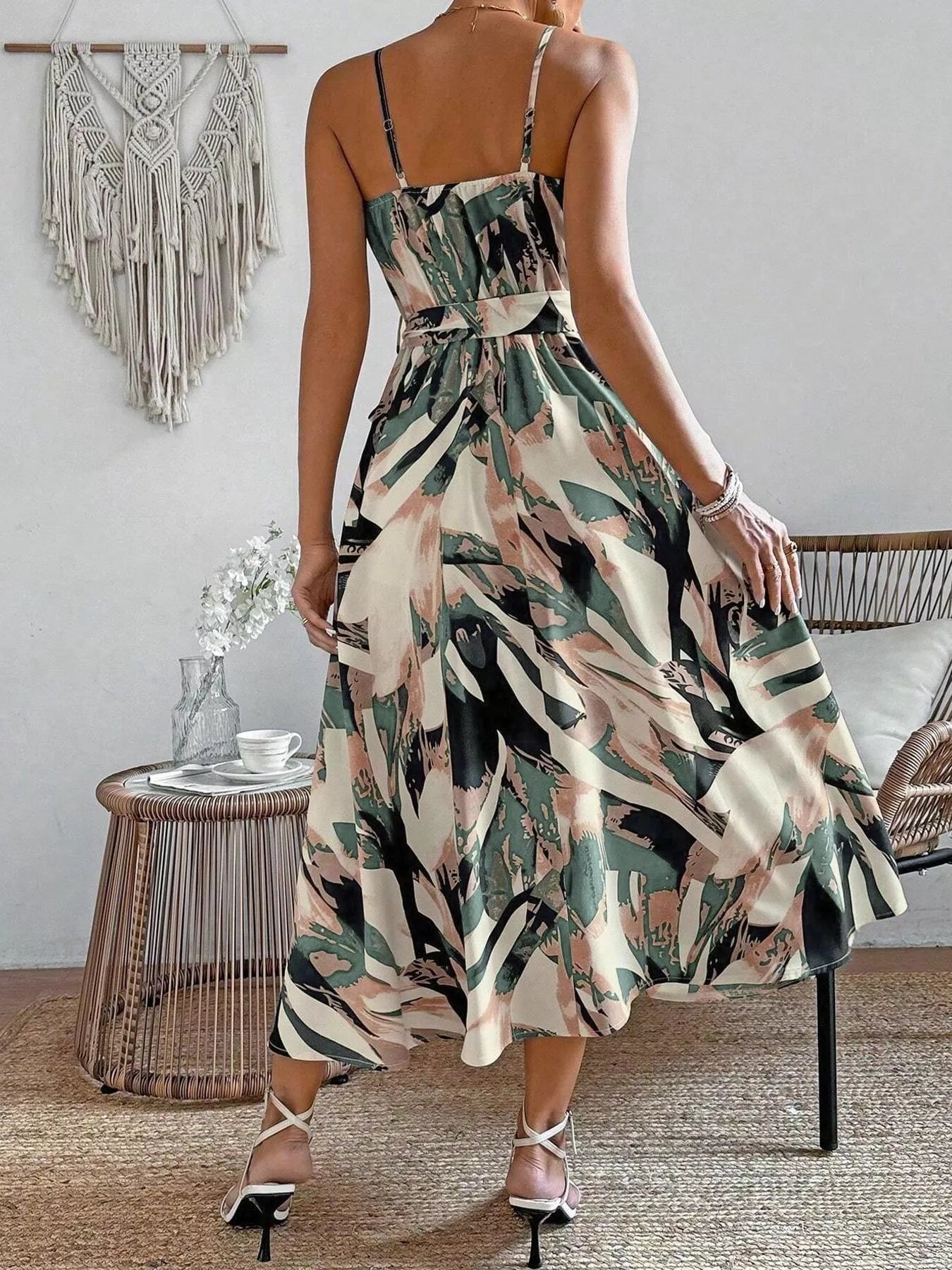 Abstract Print Tie Waist Cami Dress