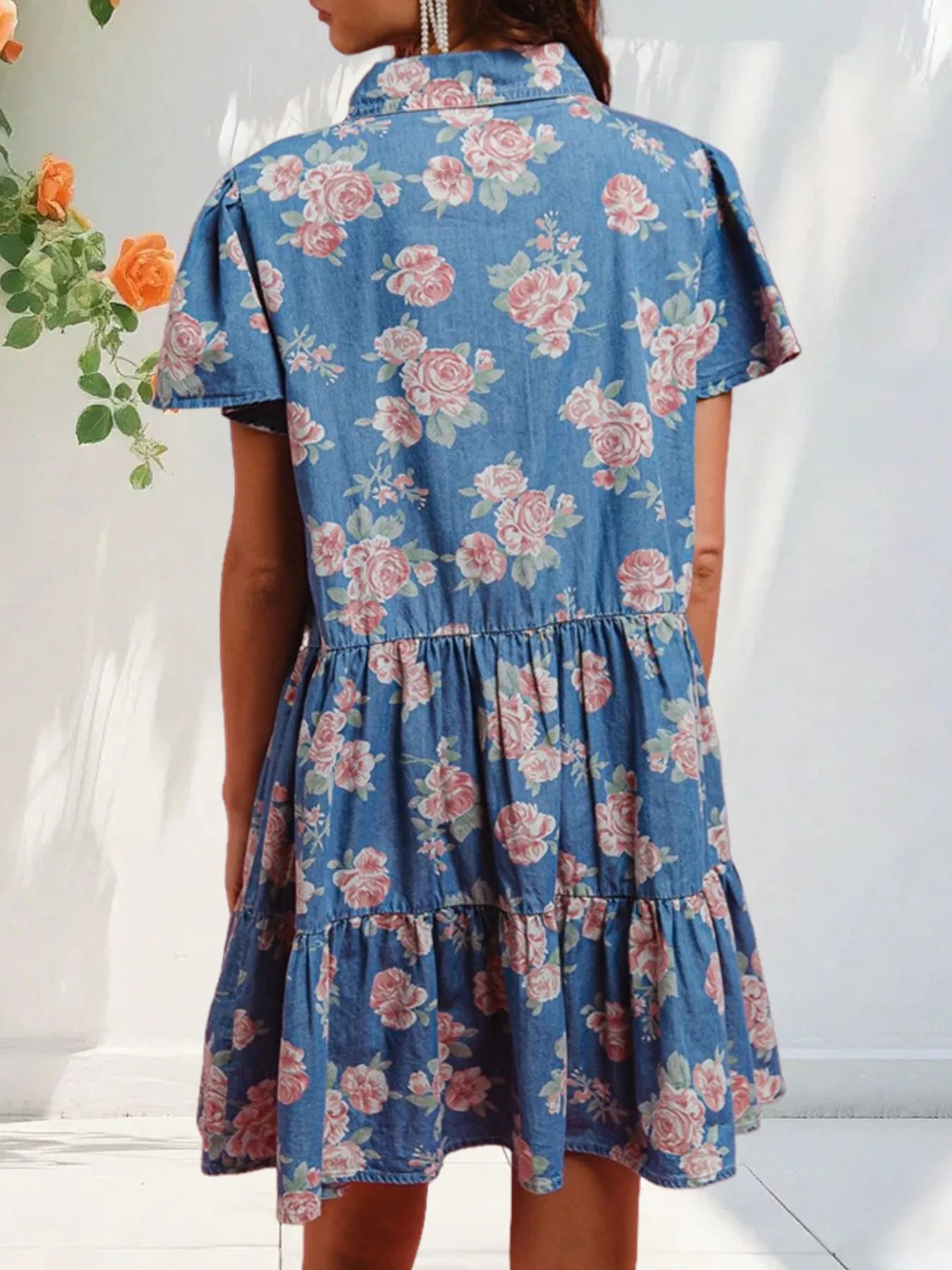 Floral Print Denim Button-Down Tiered Mini Dress