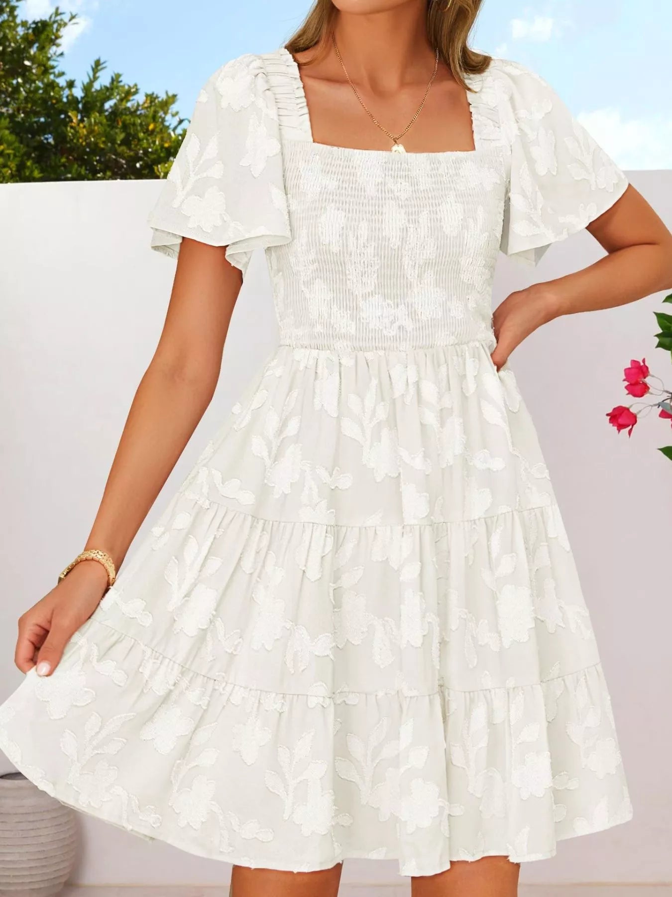 Smocked Square Neck Tiered Mini Dress