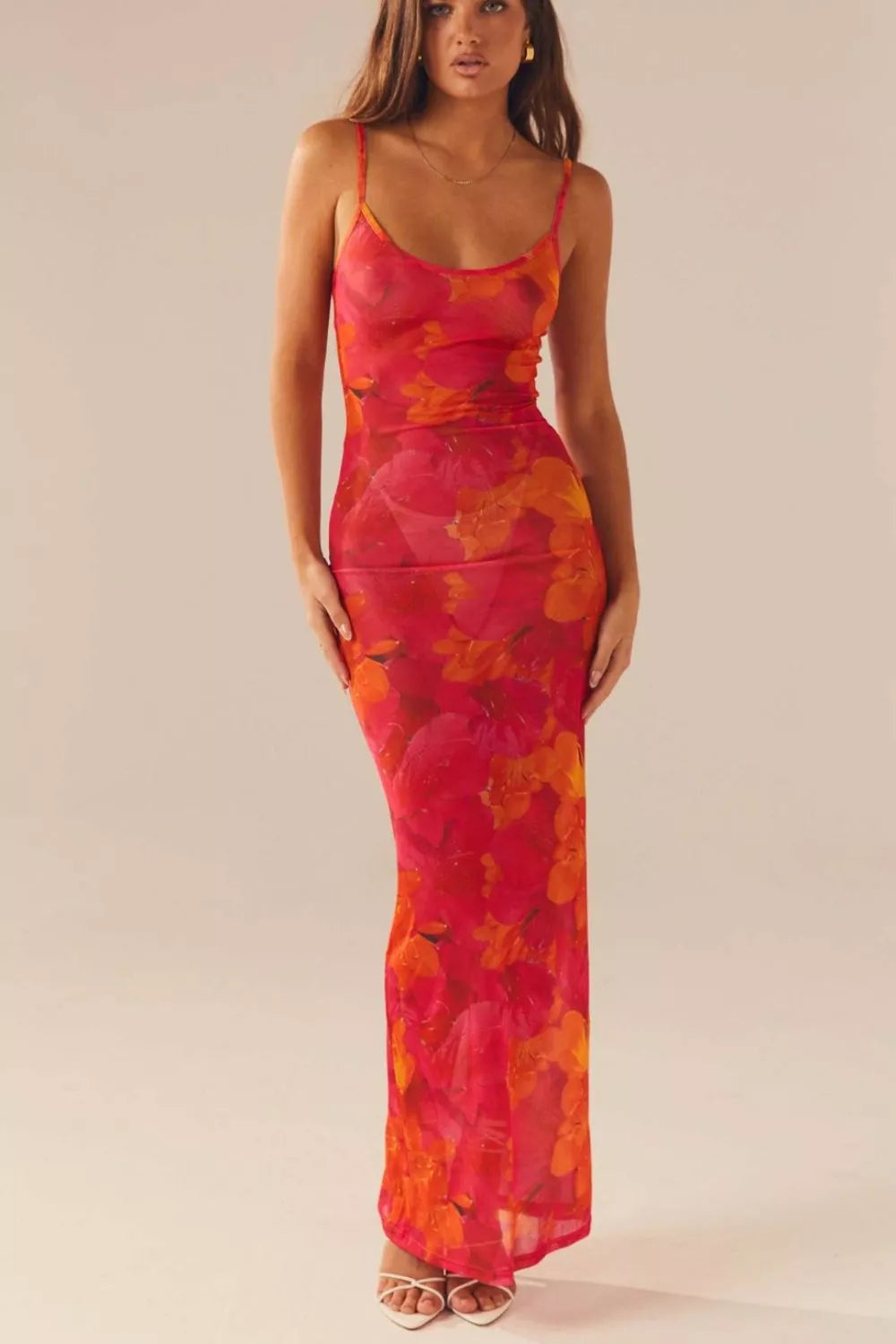 Floral Print Spaghetti Strap Bodycon Maxi Dress