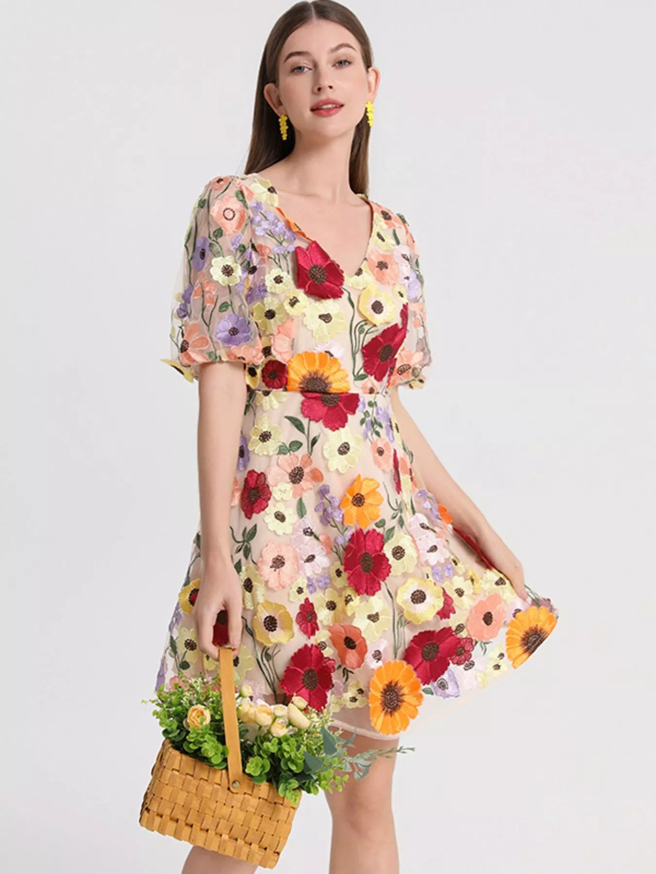 Plus Size Embroidered Floral V-Neck Mini Dress