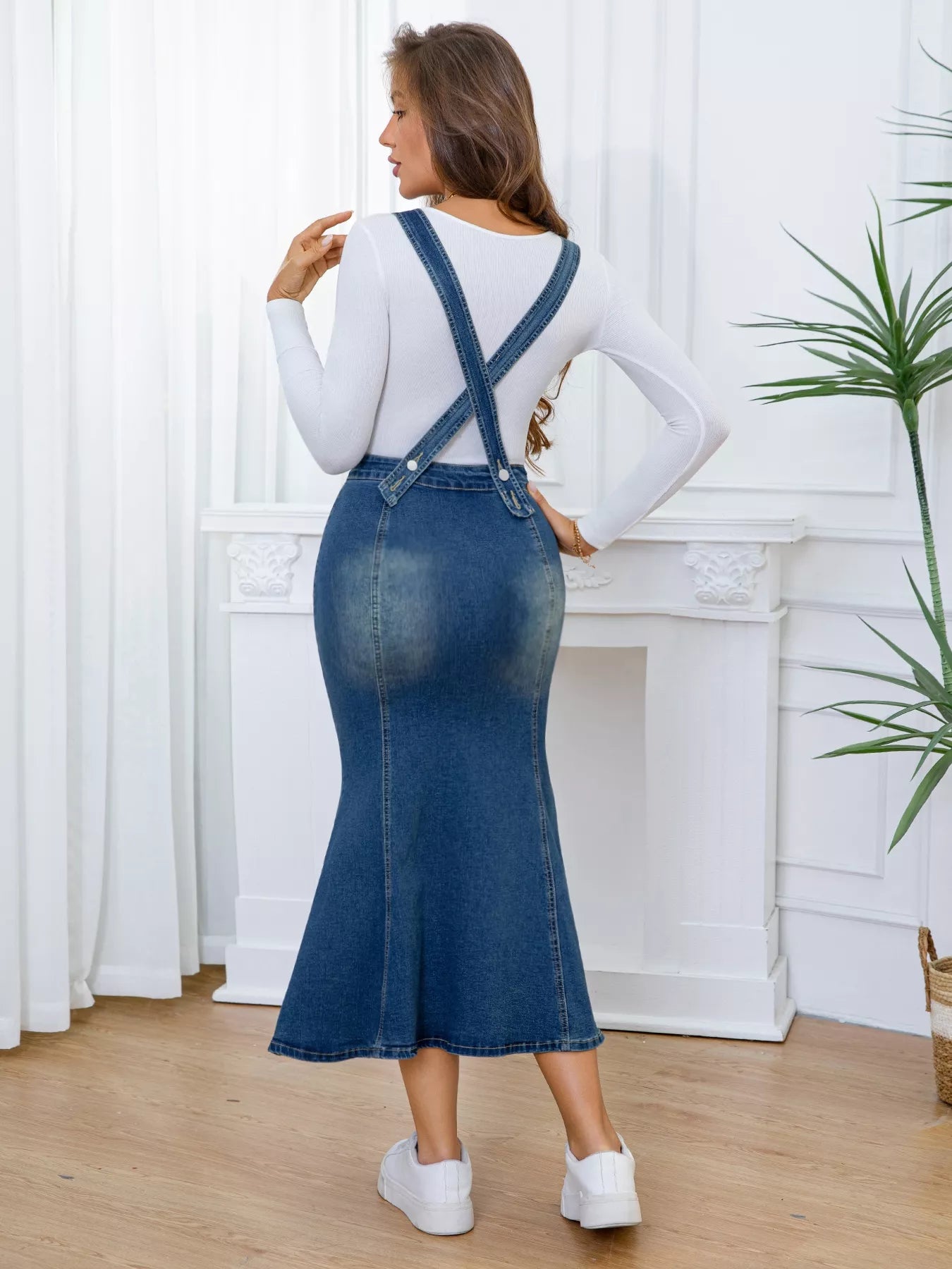 Front-Button Adjustable Fishtail Sleeveless Denim Overall Dress